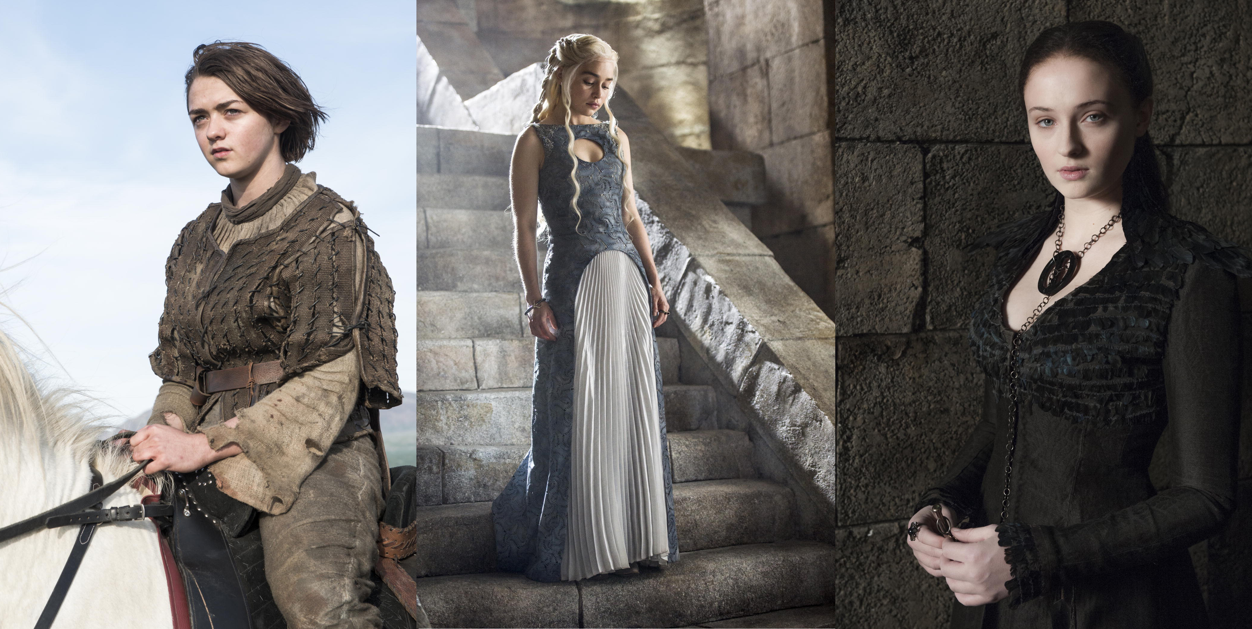 (L-R) Maisie Williams, Emilia Clarke and Sophia Turner in Game of Thrones