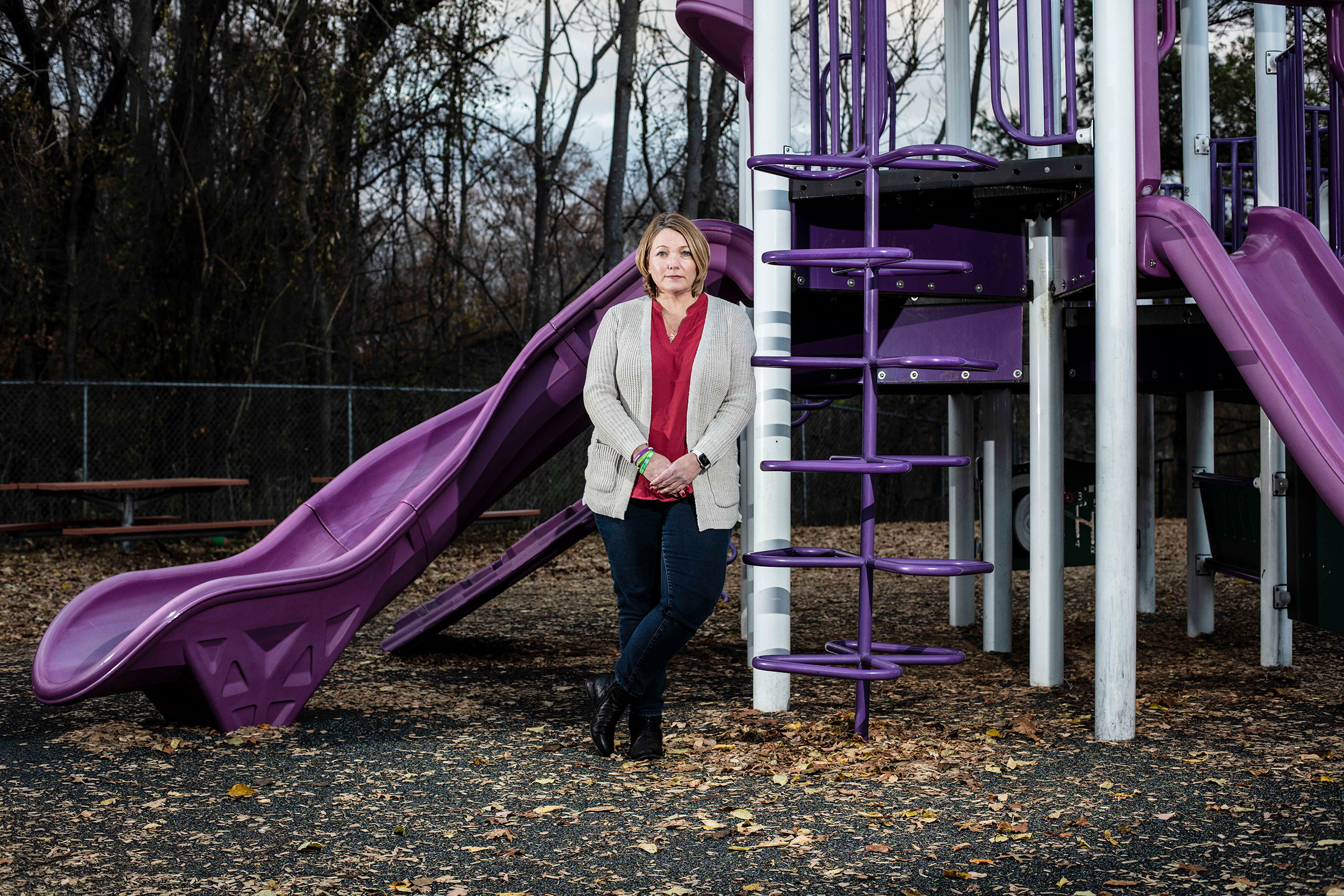 Nicole Hockley poses for a portrait at a playground built in memory of her son Dylan Hockley who was killed during the Sandy Hook Elementary shooting in Westport, Conn.