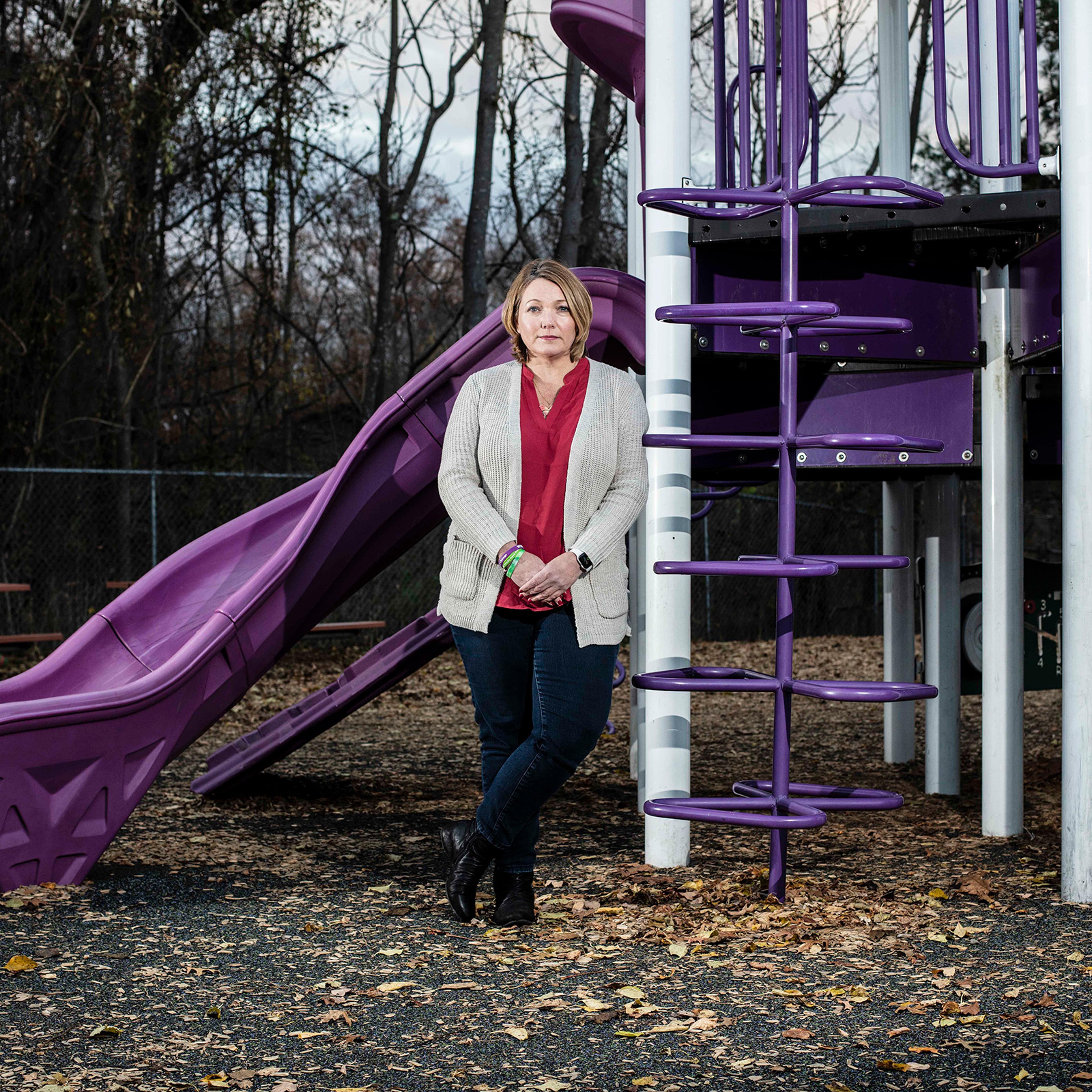 Nicole Hockley poses for a portrait at a playground built in memory of her son Dylan Hockley who was killed during the Sandy Hook Elementary shooting in Westport, Conn.