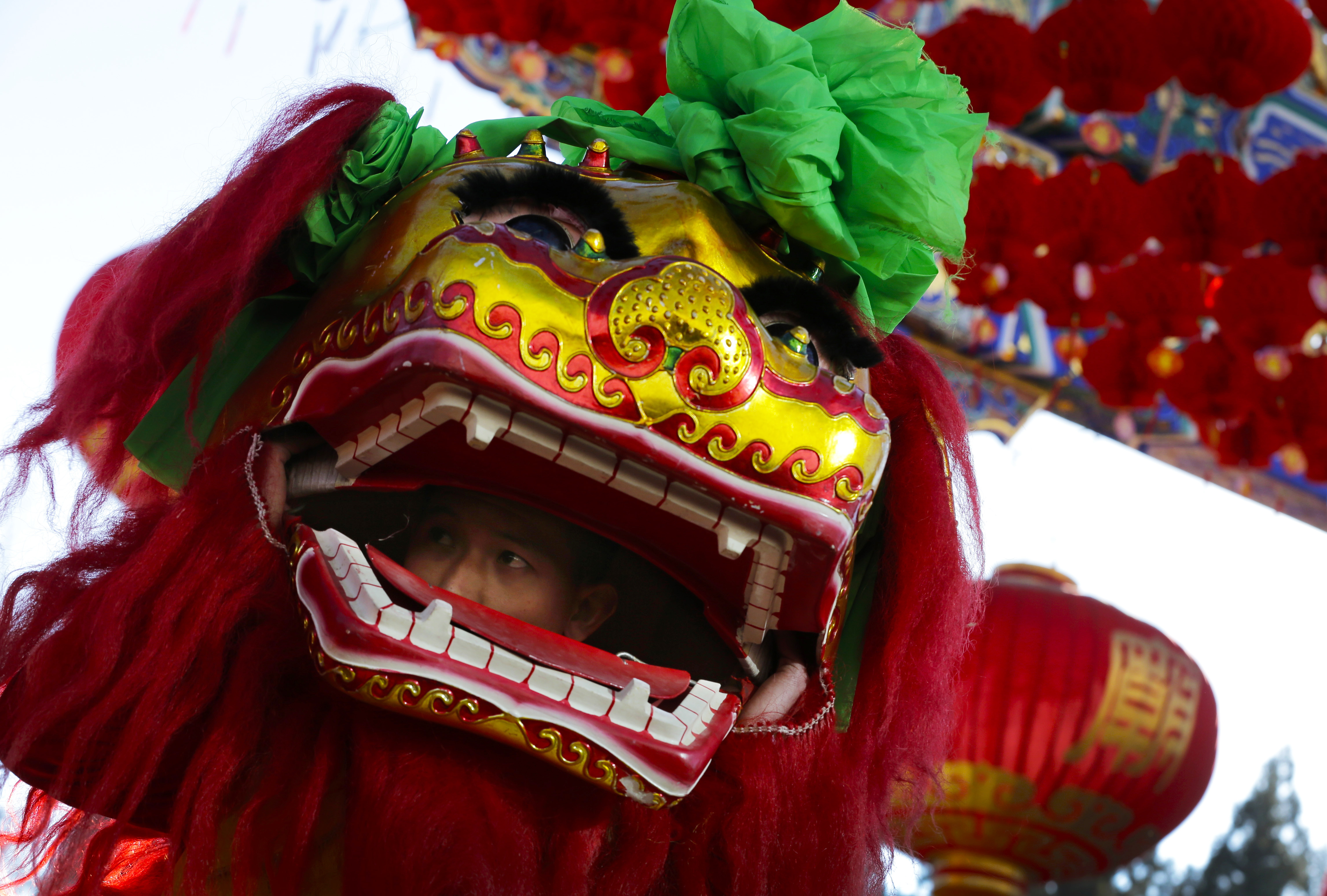 A performer looks out from the head of a lion dance costume during the opening of Ditan Temple Fair on the Lunar New Year's Eve in Beijing, China Wednesday, Feb. 18, 2015