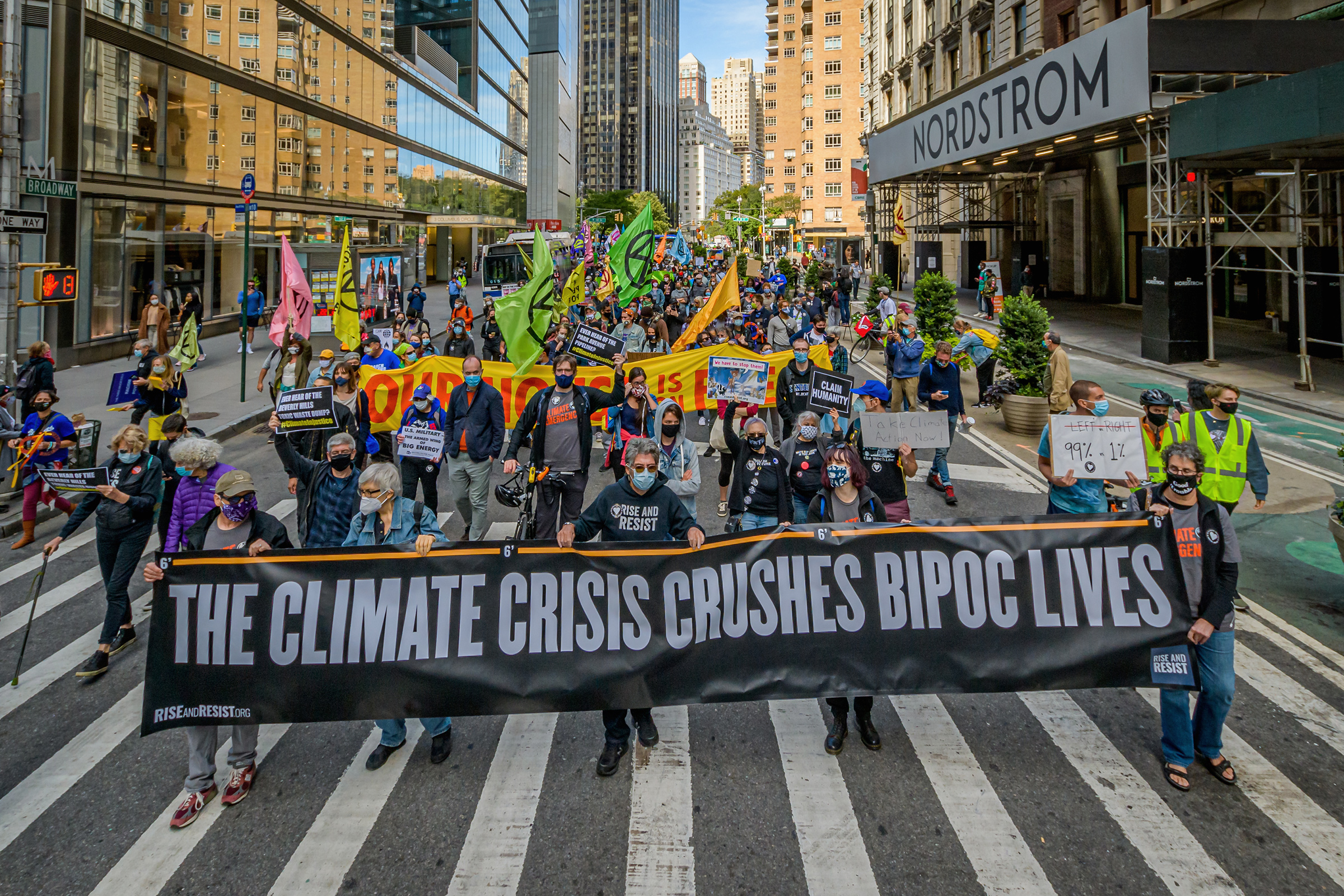 A coalition of climate, Indigenous and racial justice groups gathered at Columbus Circle to kick off Climate Week with the Climate Justice Through Racial Justice march on Sept. 20, 2020.