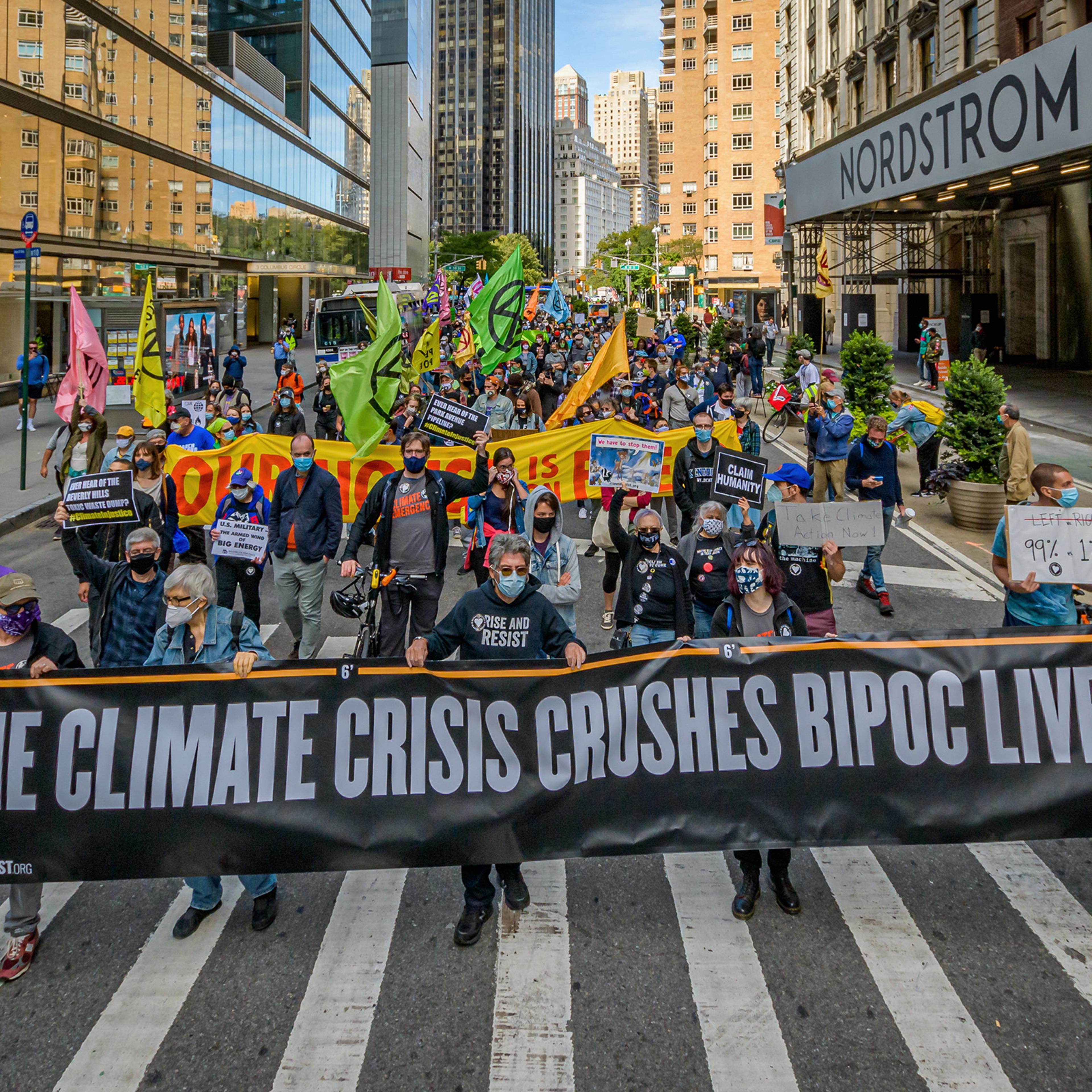 A coalition of climate, Indigenous and racial justice groups gathered at Columbus Circle to kick off Climate Week with the Climate Justice Through Racial Justice march on Sept. 20, 2020.
