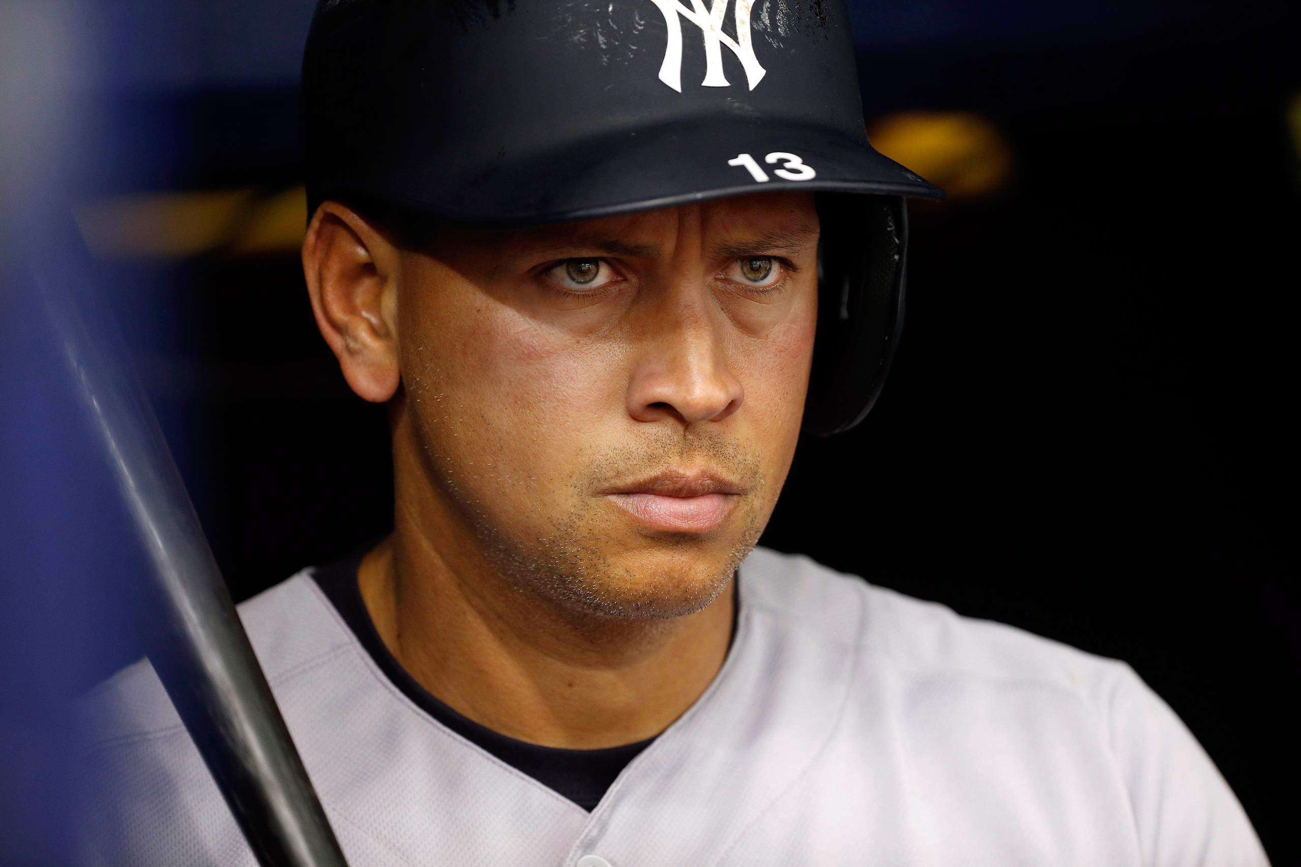 May 28, 2016; St. Petersburg, FL, USA; New York Yankees designated hitter Alex Rodriguez (13) looks on during the third inning against the Tampa Bay Rays at Tropicana Field. Mandatory Credit: Kim Klement-USA TODAY Sports/File Photo - RTSLL1V