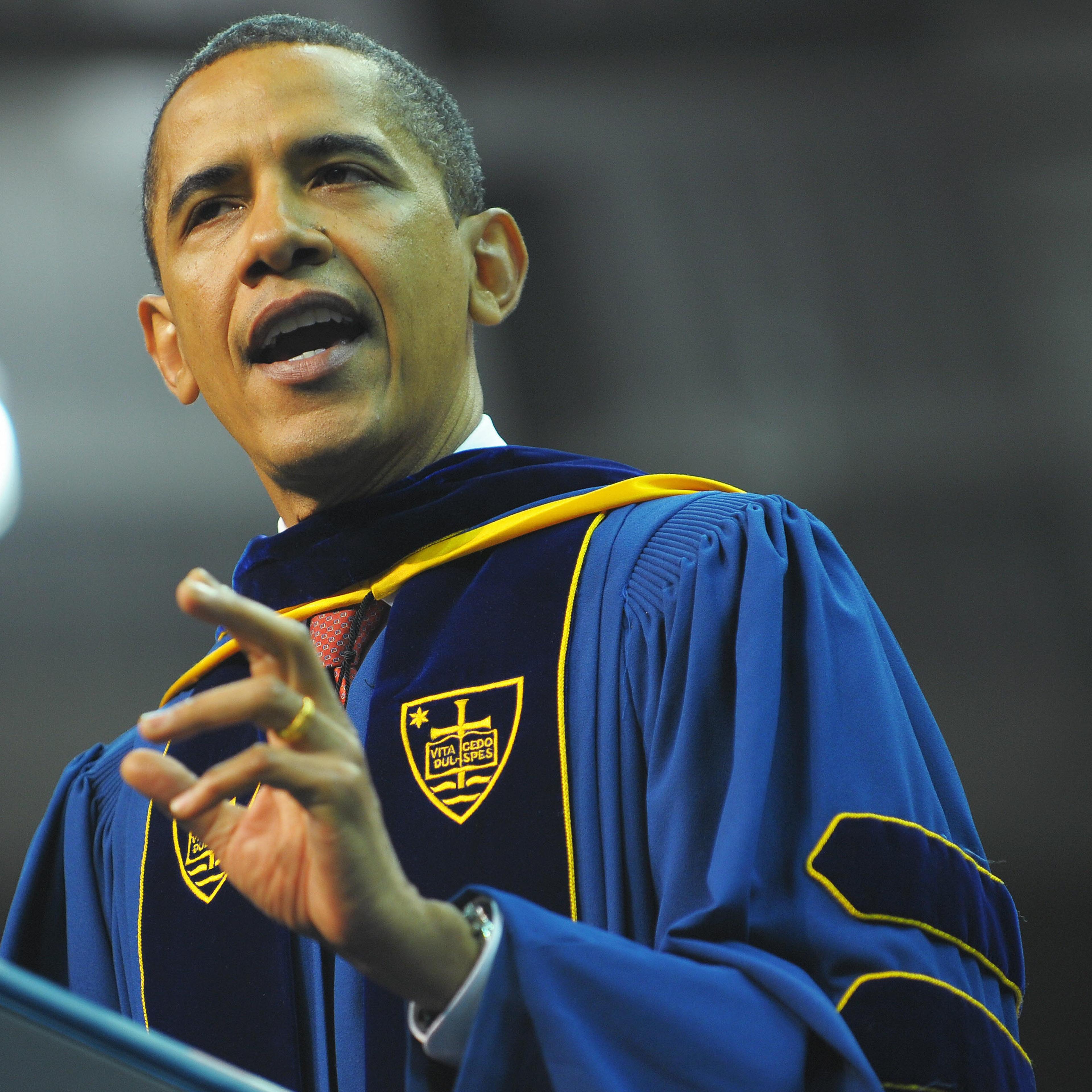 US President Barack Obama speaks during the commencement ceremony in the Joyce Center of Notre Dame University in South Bend, Indiana, May 17, 2009.