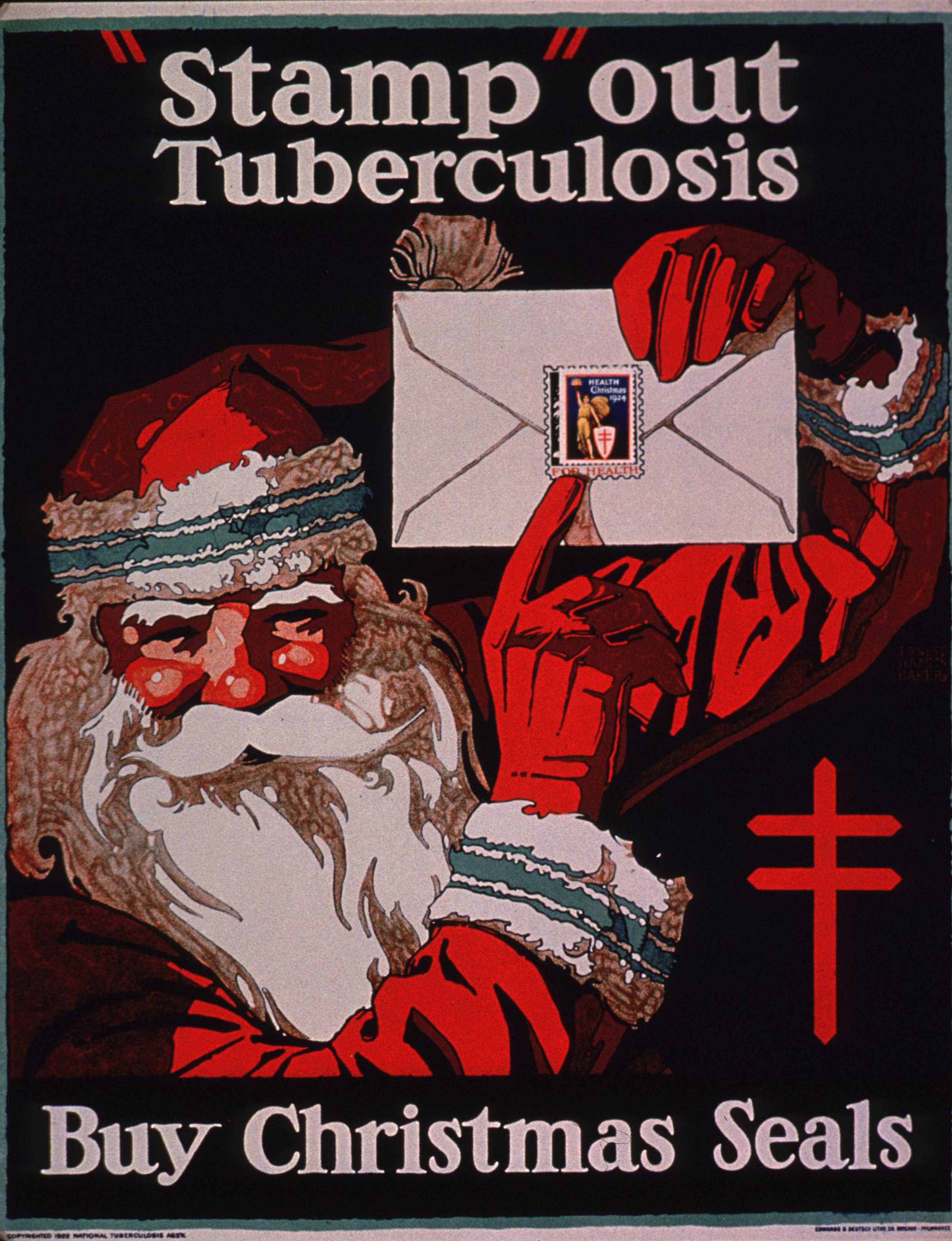 A 1924 National Tuberculosis Association poster of Santa Claus encouraging people to buy Christmas seals. 