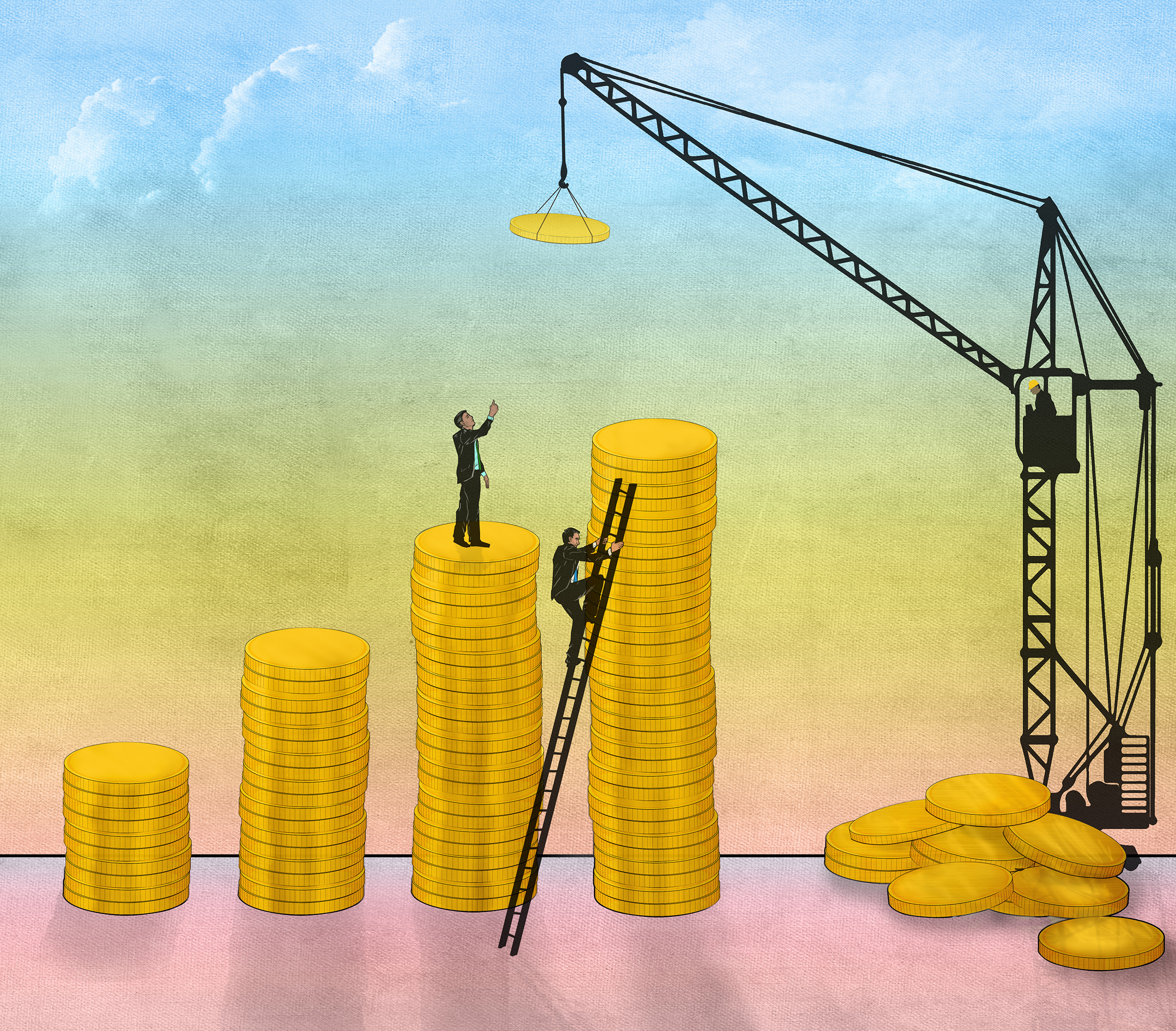 Illustrative image of businessmen constructing coin bar graph