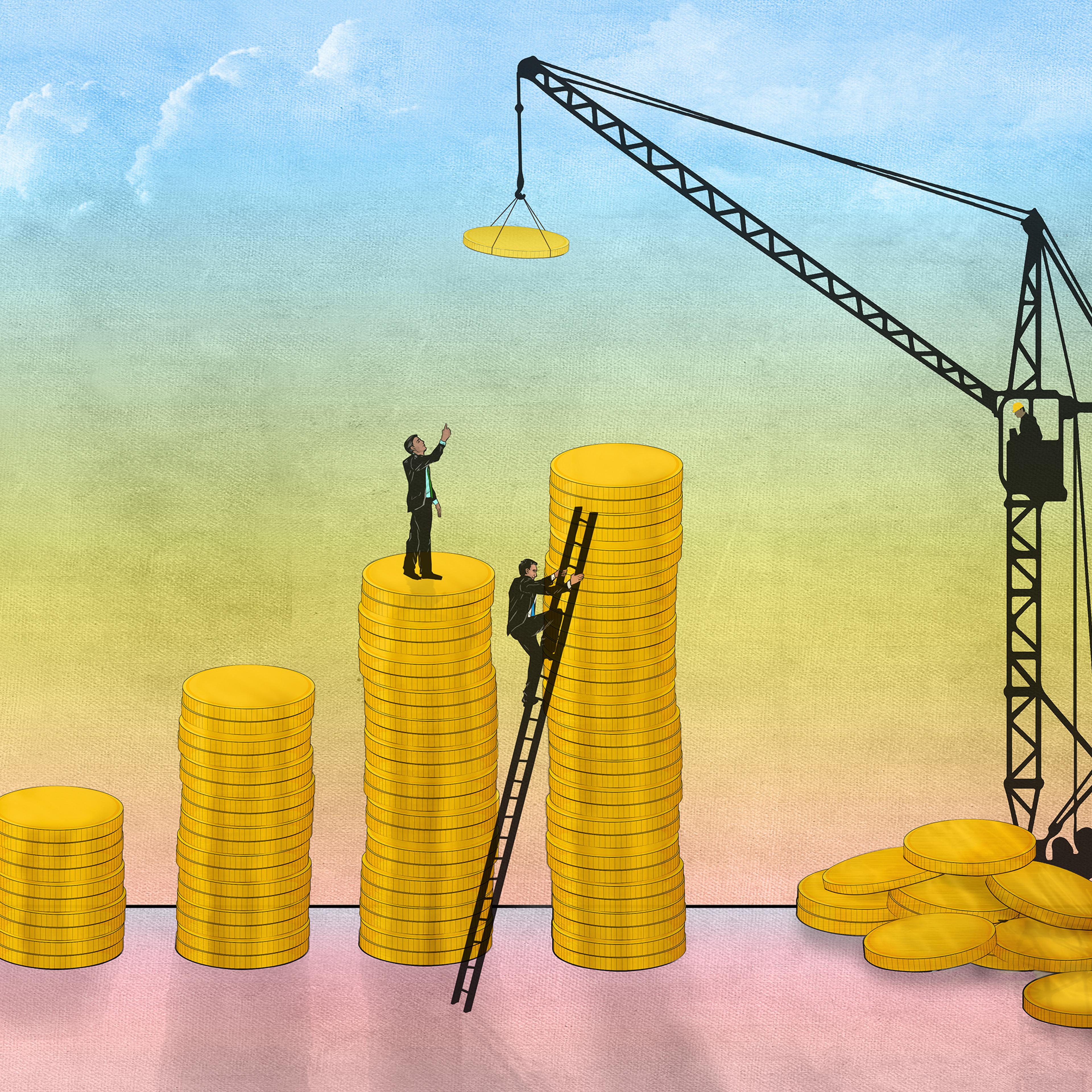Illustrative image of businessmen constructing coin bar graph
