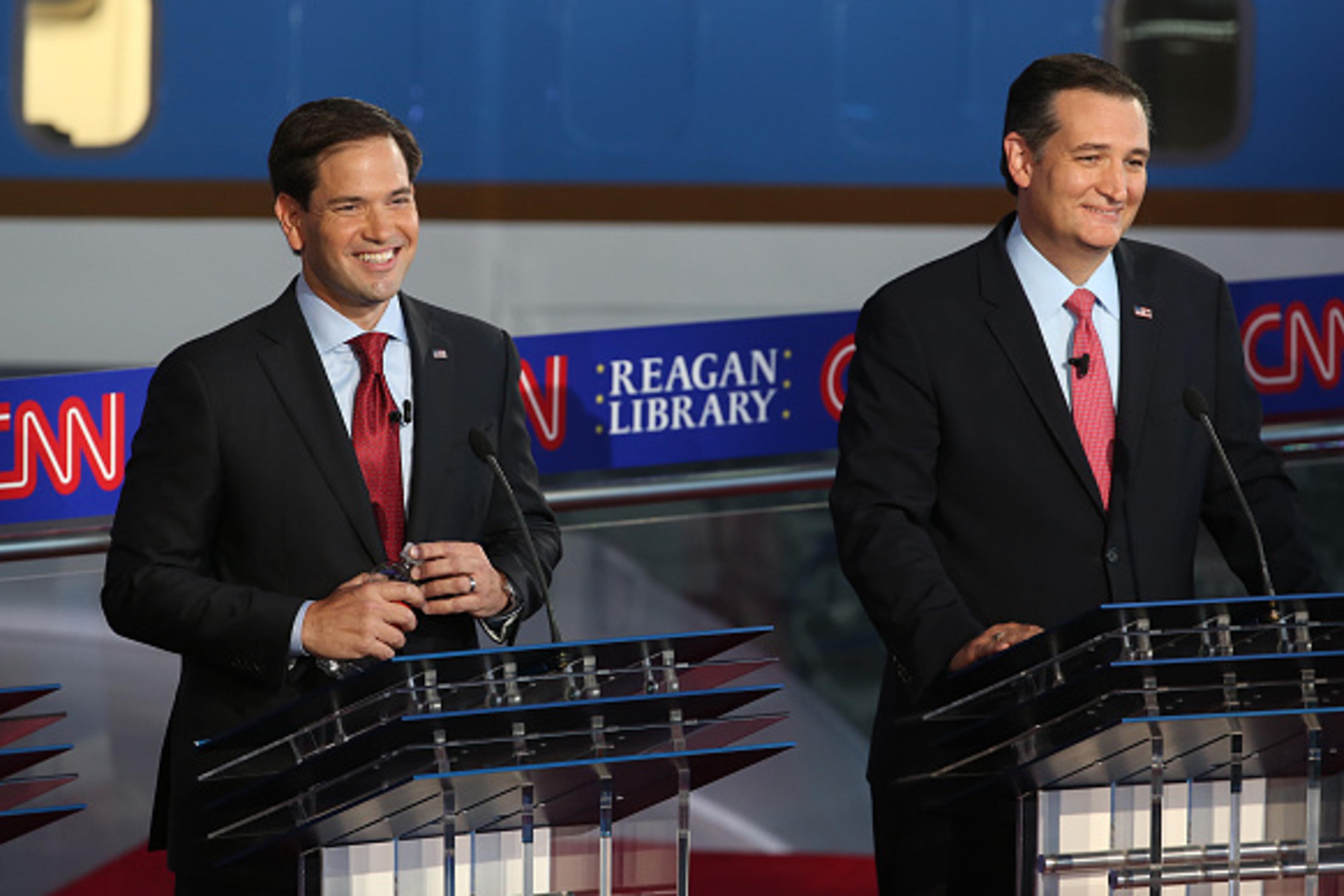 Republican presidential candidate Marco Rubio and Ted Cruz take part in the presidential debates at the Reagan Library on September 16, 2015 in Simi Valley, California.