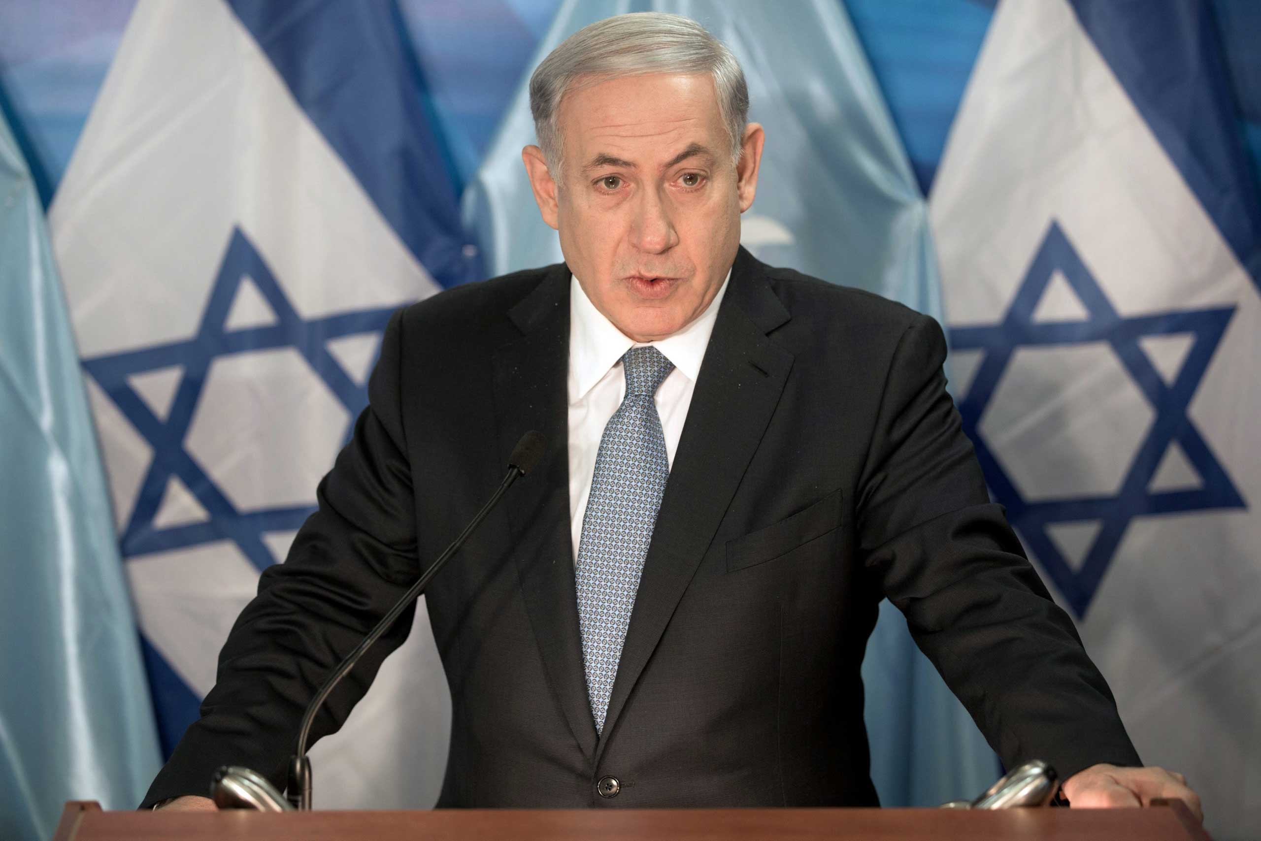 Israeli Prime Minister Benjamin Netanyahu speaks during a press conference in Jerusalem, Oct. 13, 2014.