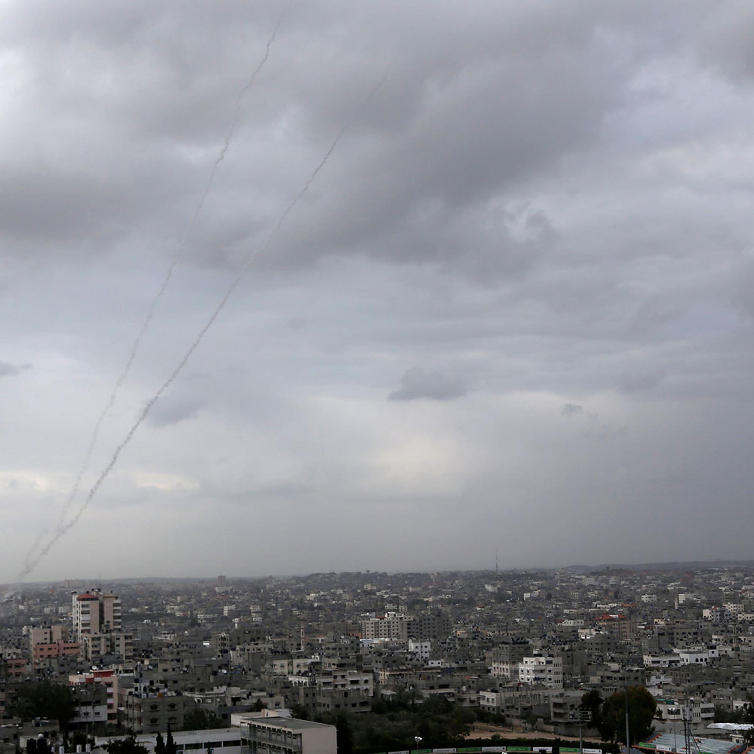 A trail of smoke from rockets fired by Palestinian militants from Gaza toward Israel is seen above Gaza City on March 12, 2014.