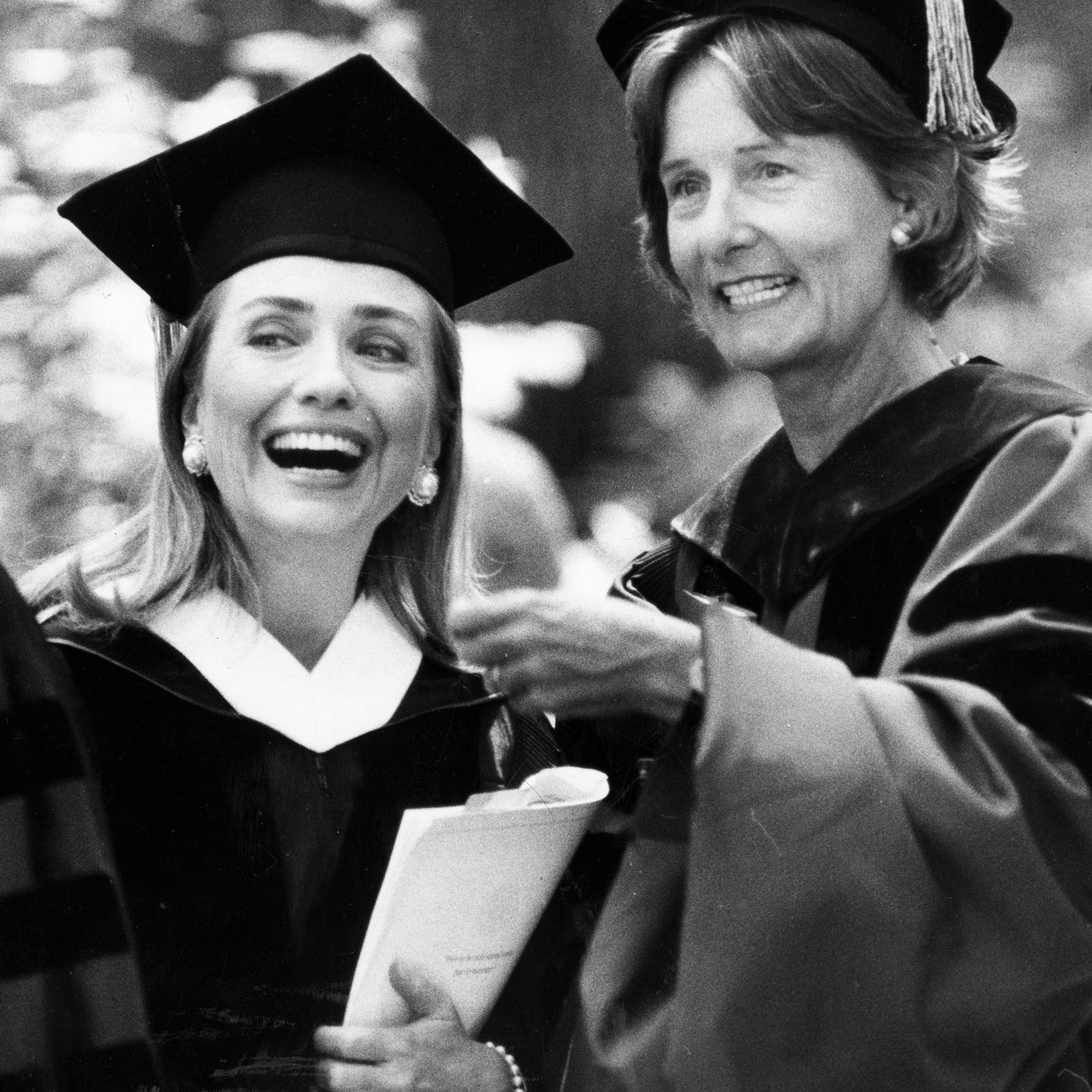 Hillary Clinton, right, and Wellesley College's president, Nannerl O. Keohane, share a light moment at commencement in Wellesley, Mass., on May 29, 1992.