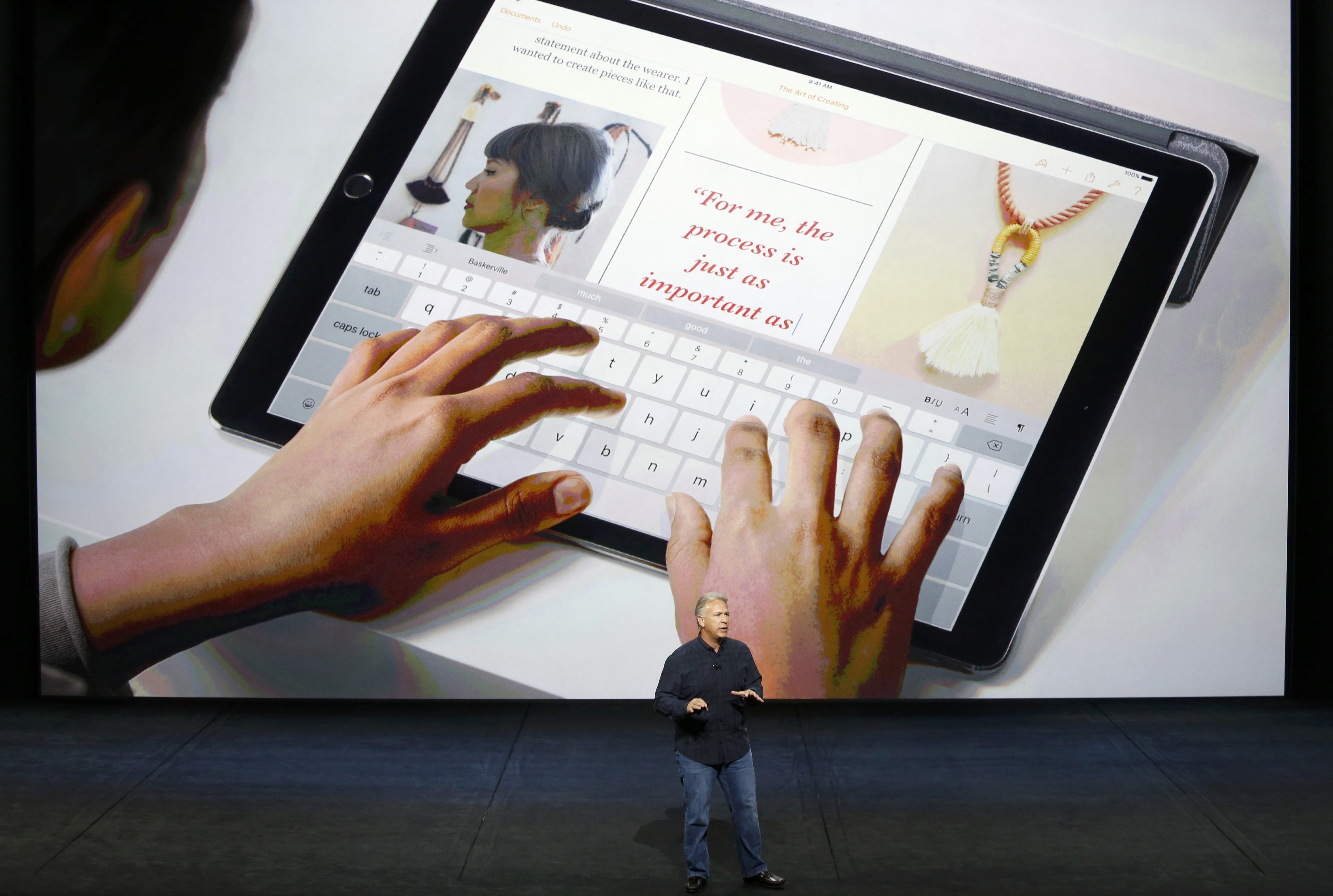 Phil Schiller, Senior Vice President of Worldwide Marketing at Apple Inc, speaks about the new iPad Pro during an Apple media event in San Francisco, California