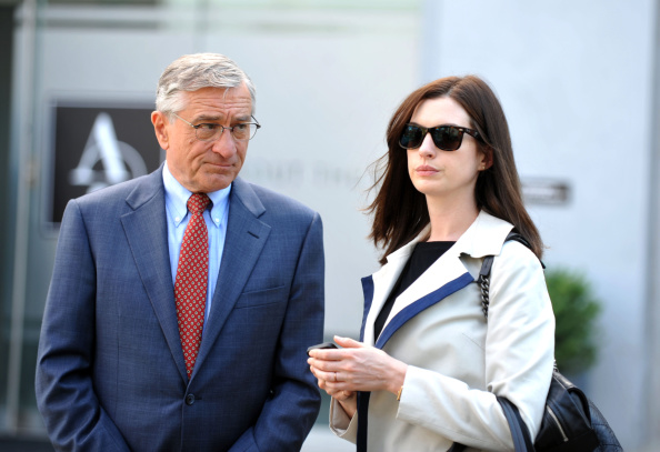 Robert DeNiro and Anne Hathaway on the set of "The Intern" in New York City on Aug. 26, 2014.