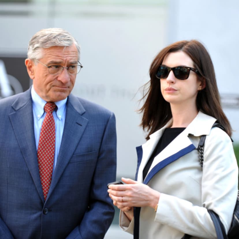 Robert DeNiro and Anne Hathaway on the set of "The Intern" in New York City on Aug. 26, 2014.