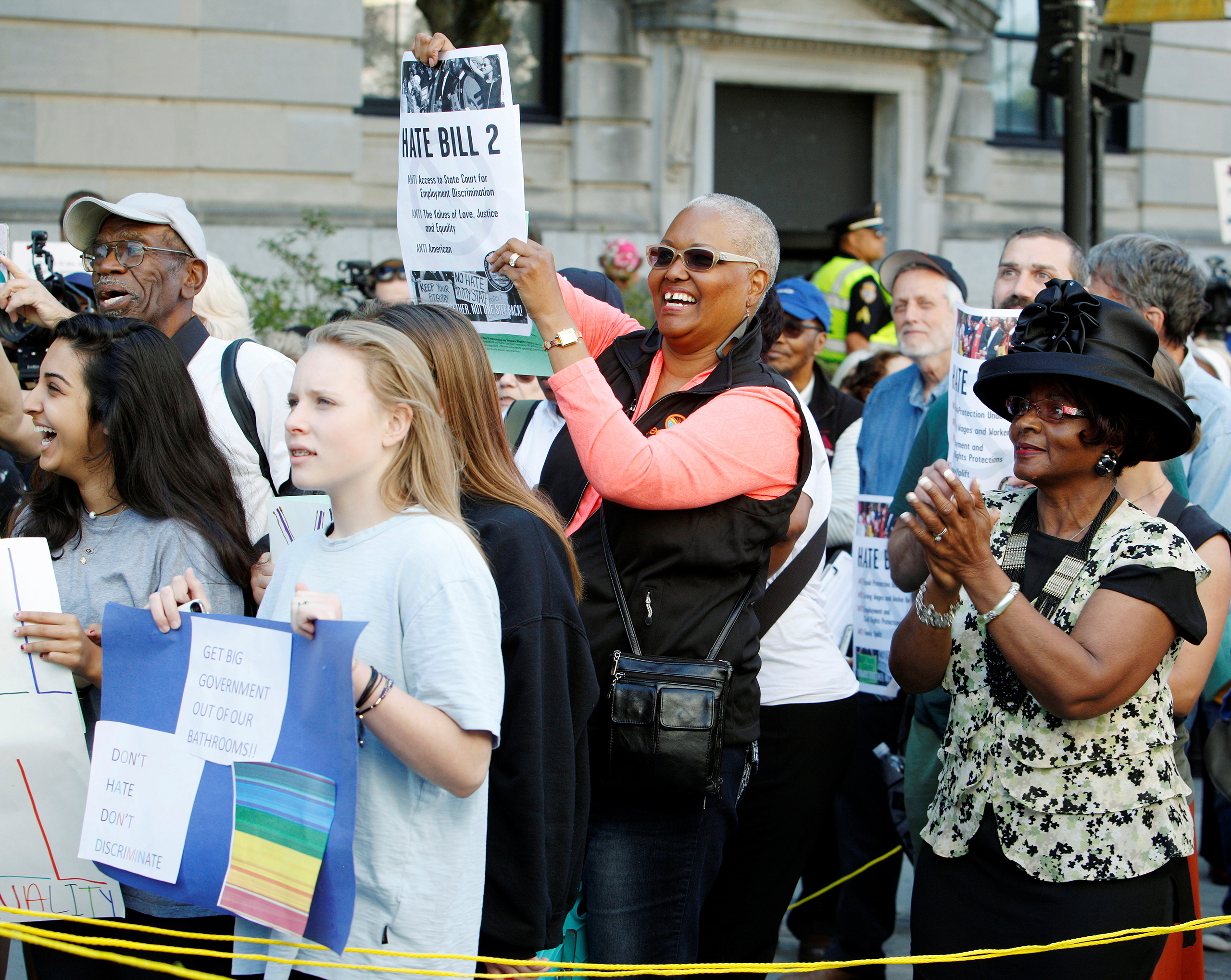 A crowd of protesters opposing North Carolina's HB2 "bathroom law" that restricts members of the LGBT community from using the bathroom of their choice, during a demonstration outside the state legislature in Raleigh, North Carolina on May 16, 2016.