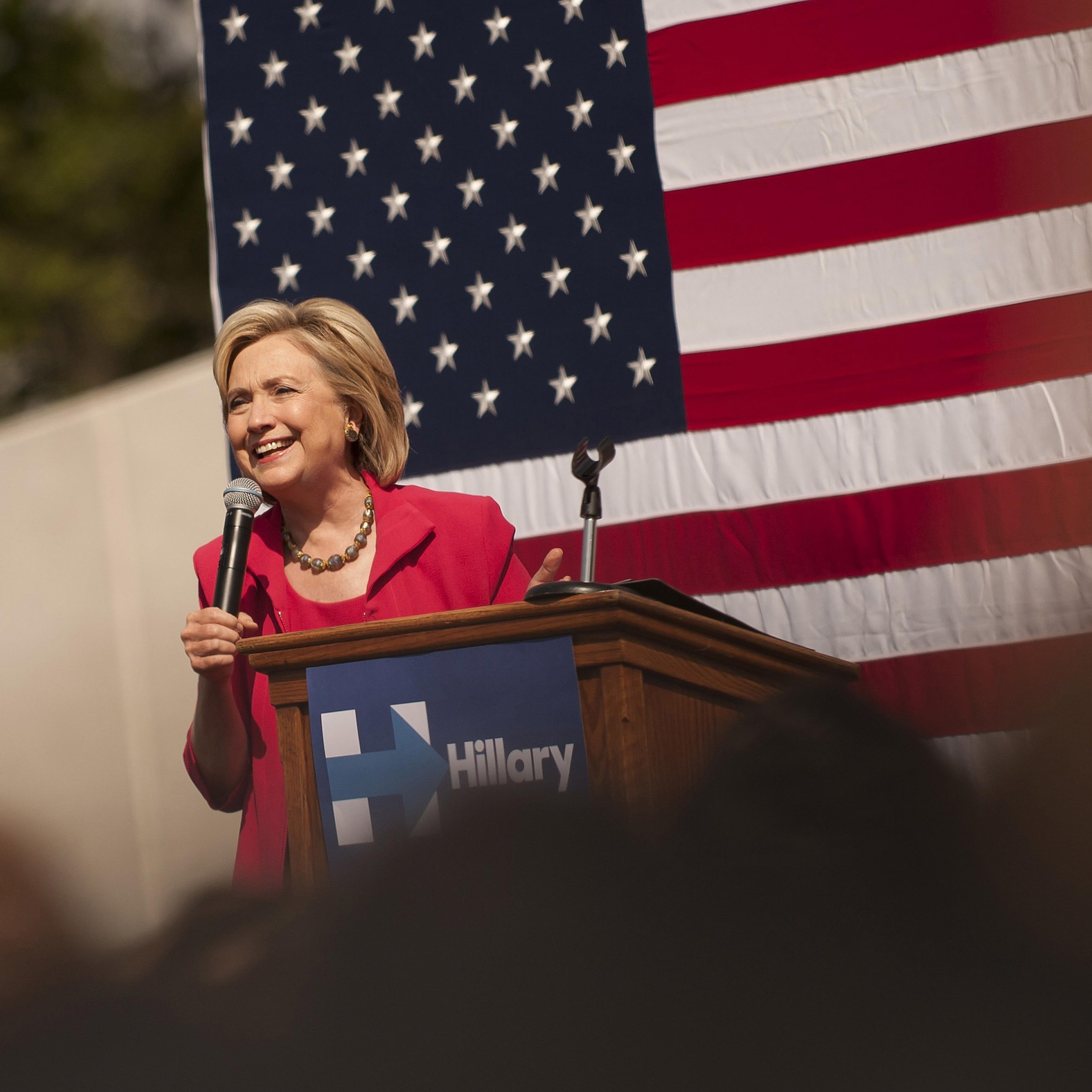CLEVELAND, OH - AUGUST 27: Democratic presidential candidate and former U.S. Secretary of State Hillary Clinton speaks to guests gathered for a campaign meeting on the campus of Case Western Reserve University on August 27, 2015 in Cleveland, Ohio. Clin