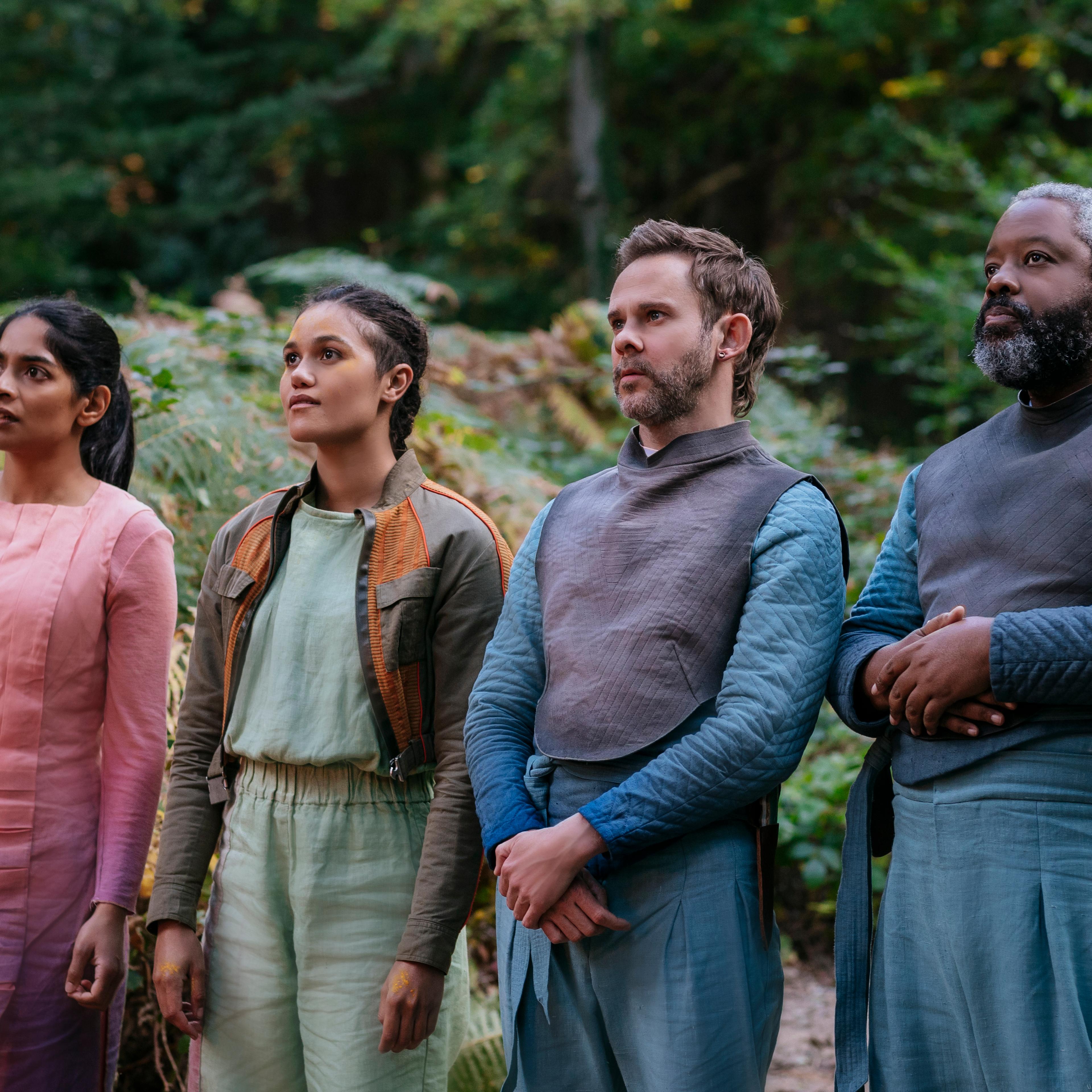 Amarna Karan as Indira Mare, Emma McDonald as Bella Sway, Dominic Monaghan as Paul Sarno and Kadeem Hardison as Arlo - Moonhaven _ Season 1, Episode 4 - Photo Credit: Szymon Lazewski/AMC