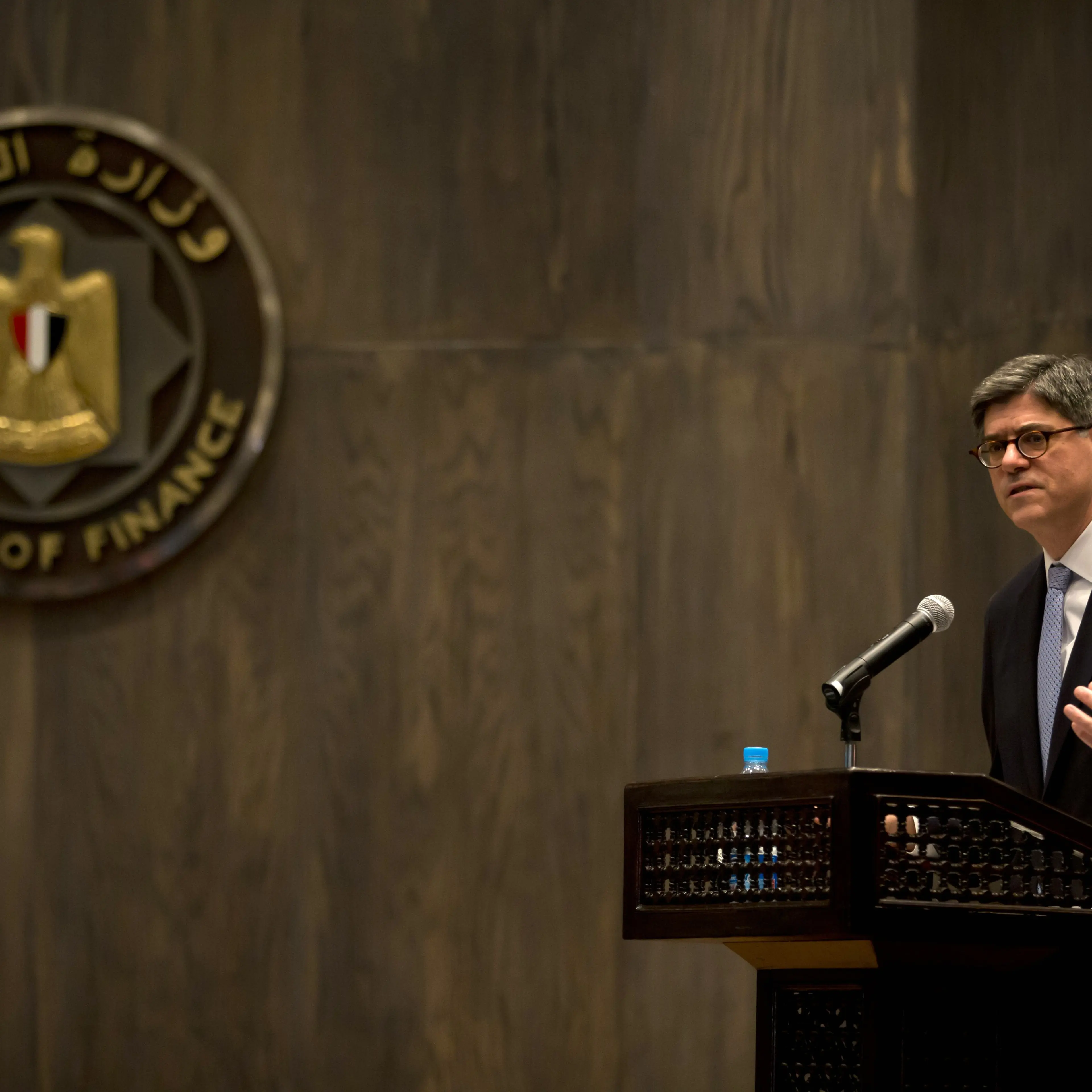 US Treasury Secretary Jacob Lew gives a joint press conferece with Egyptian finance minister Hany Dimian (unseen) at the Egyptian Ministry of Finance in Cairo on Oct. 27, 2014.