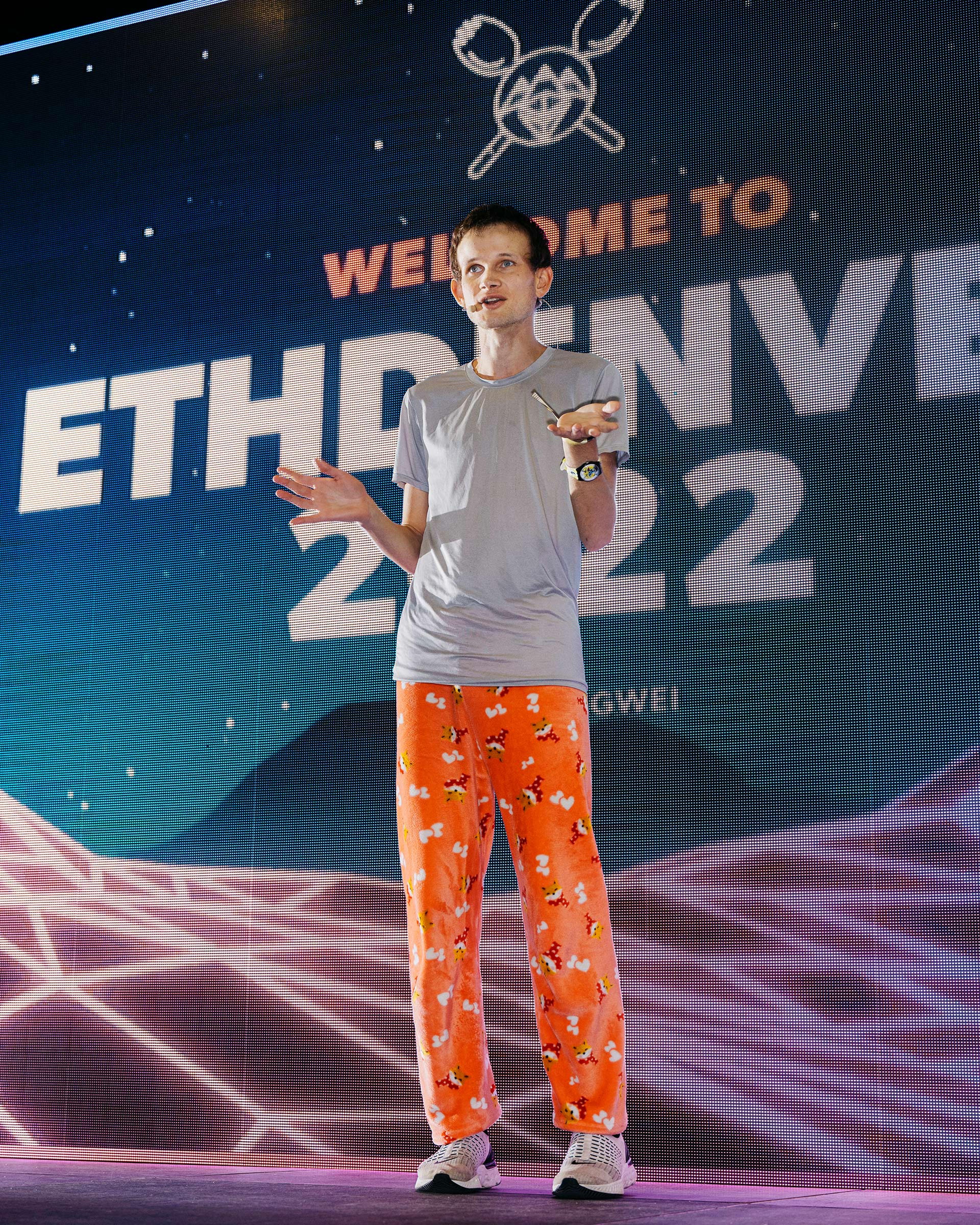 Buterin dons Shiba Inu pajama pants onstage at ETHDenver