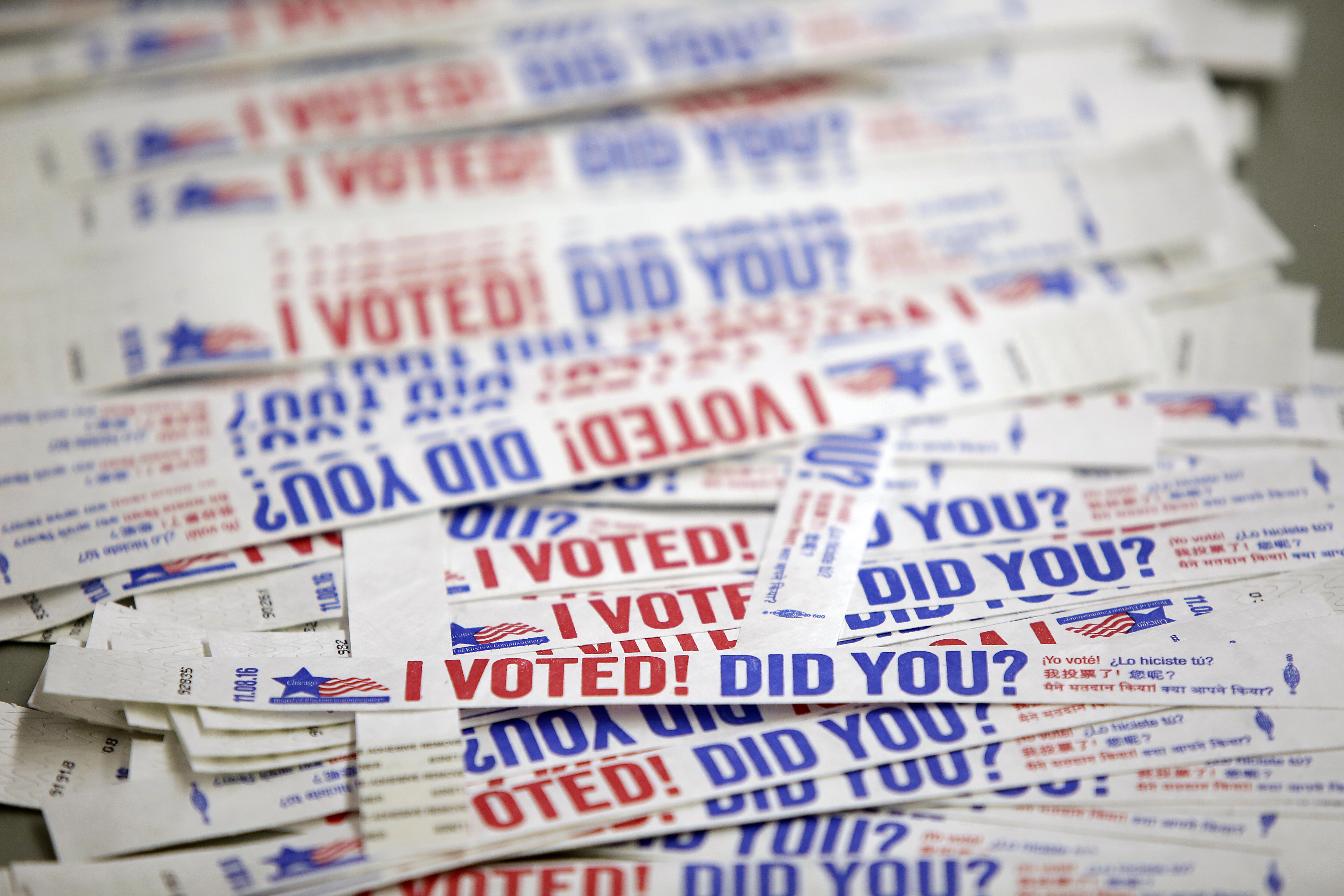 Wristbands for voters after they cast their ballot are seen during early voting at a polling station, on Oct. 31, 2016 in Chicago.