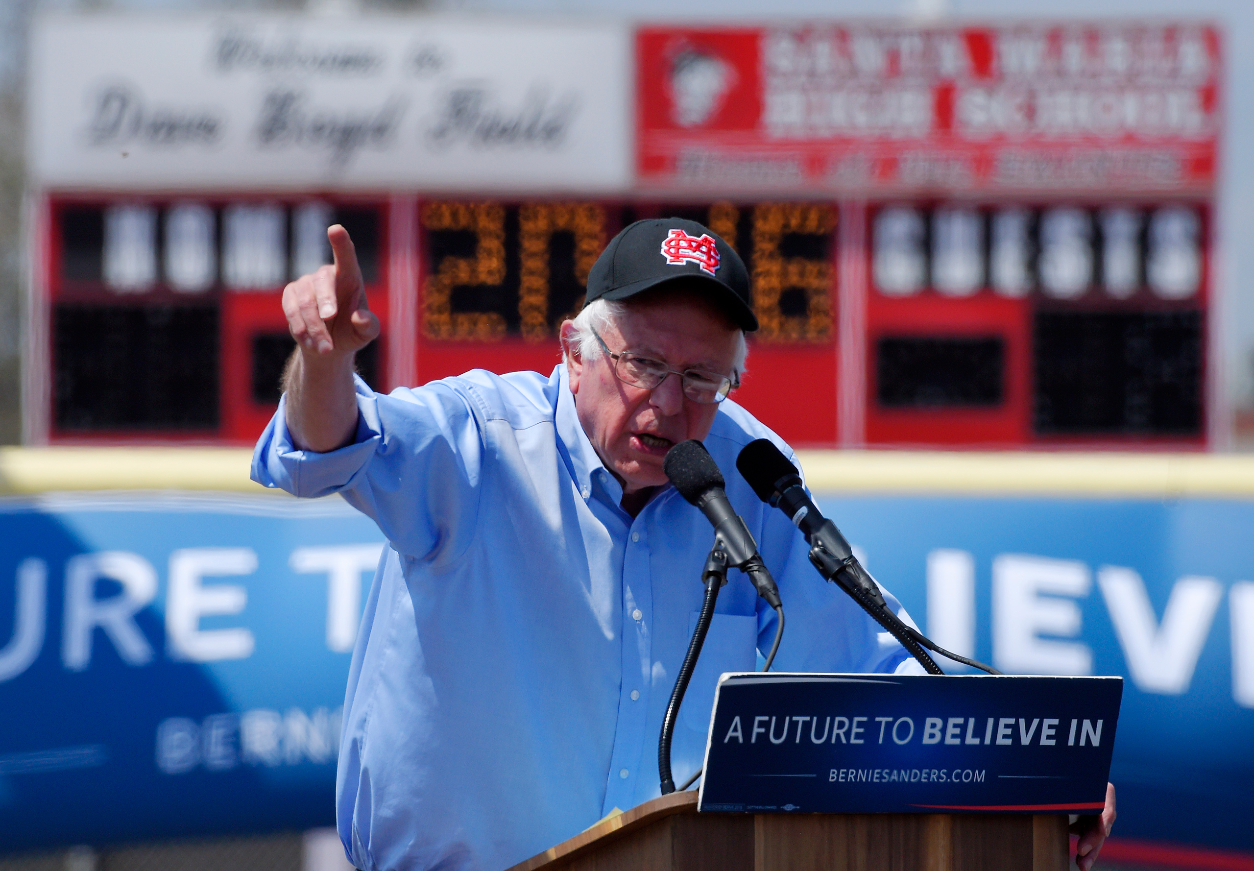 Democratic presidential candidate Sen. Bernie Sanders, I-Vt., speaks at a campaign rally, Saturday, May 28, 2016, in Santa Maria, Calif. (AP Photo/Mark J. Terrill)
