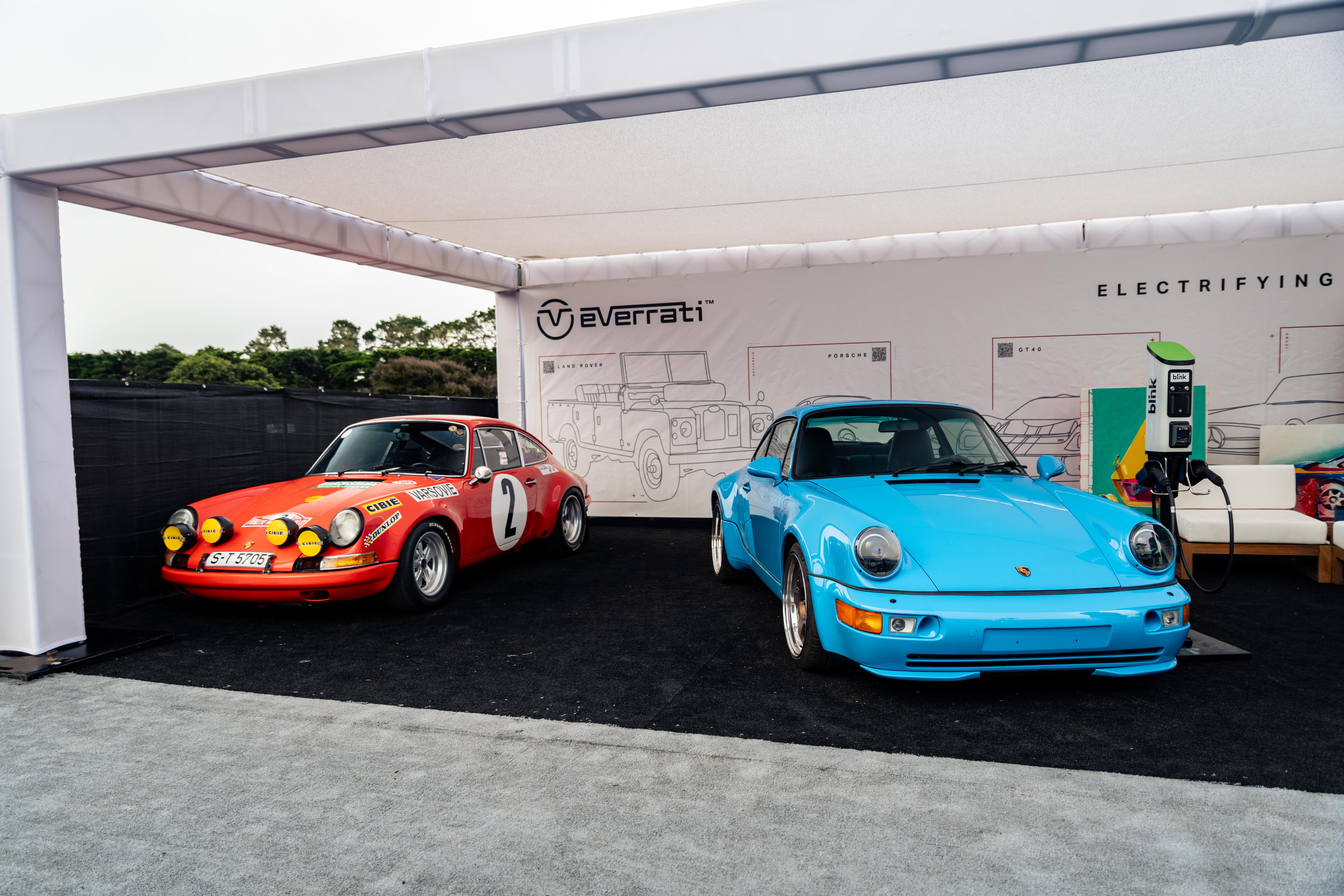 Everrati's electric-blue converted Porsche 911 at Monterey Car Week in Monterey, Calif. 