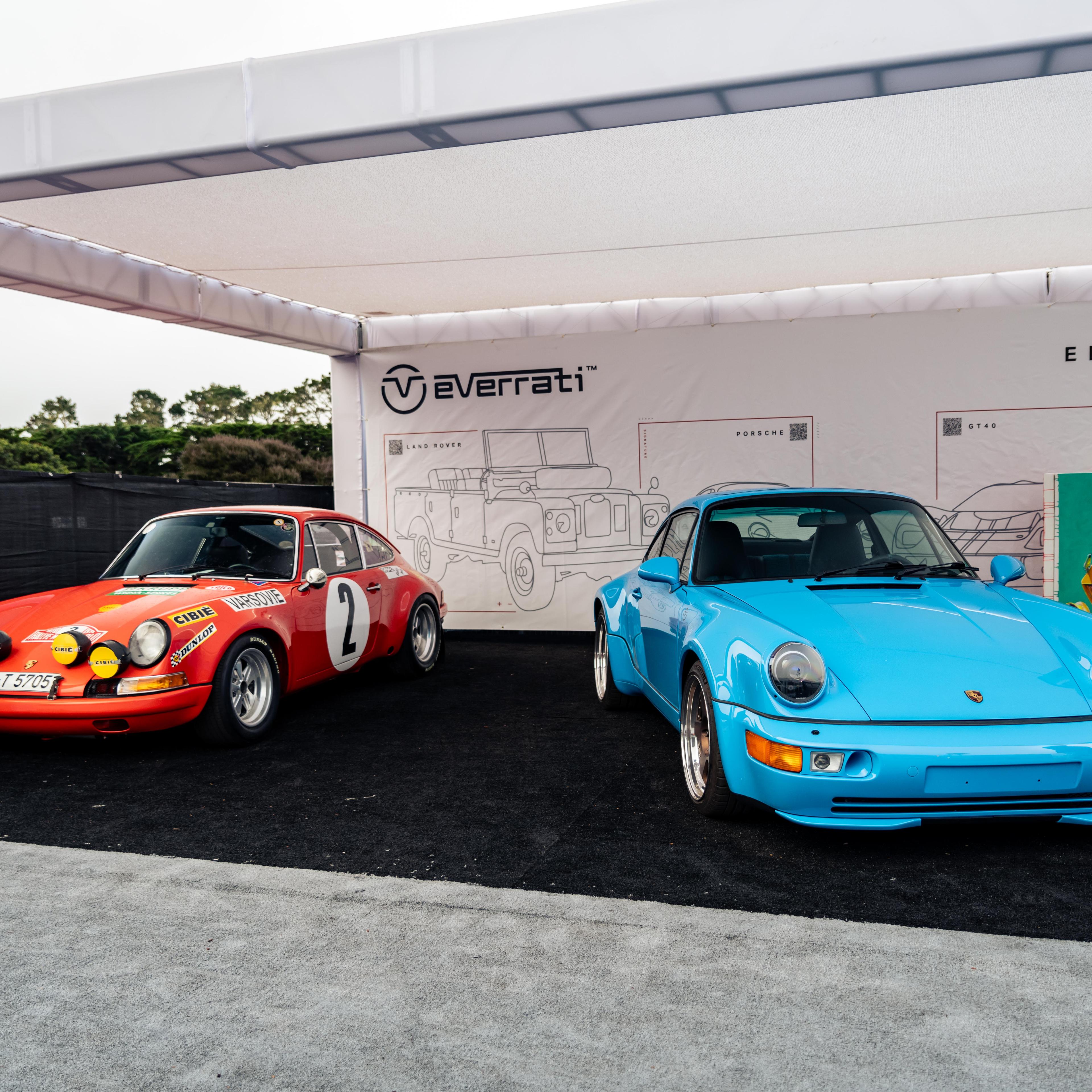 Everrati's electric-blue converted Porsche 911 at Monterey Car Week in Monterey, Calif.