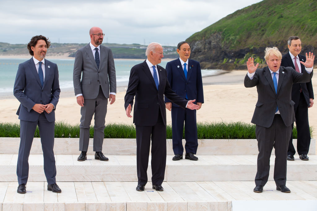 Canadian Prime Minister Justin Trudeau, President of the European Council Charles Michel, US President Joe Biden, Japanese Prime Minister Yoshihide Suga, British Prime Minister Boris Johnson and Italian Prime Minister Mario Draghi pose for the Leaders of