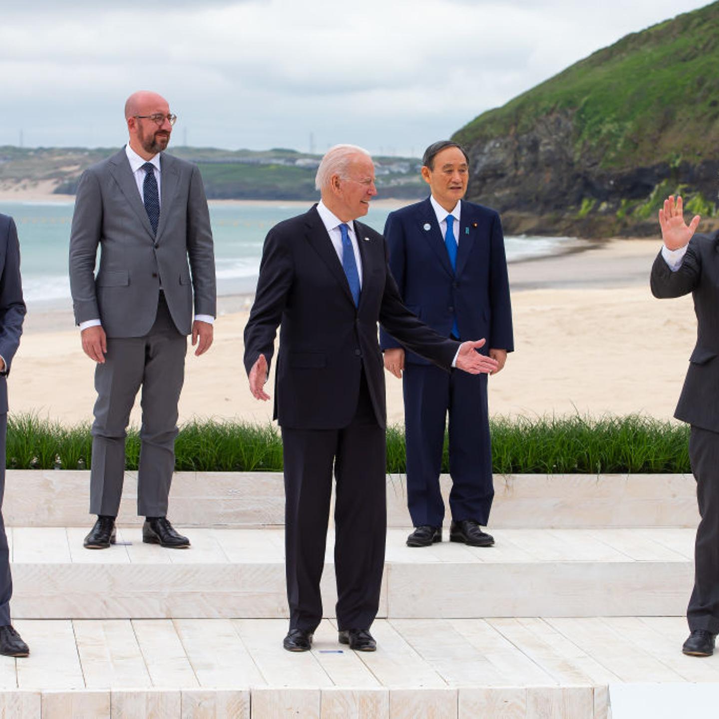 Canadian Prime Minister Justin Trudeau, President of the European Council Charles Michel, US President Joe Biden, Japanese Prime Minister Yoshihide Suga, British Prime Minister Boris Johnson and Italian Prime Minister Mario Draghi pose for the Leaders of