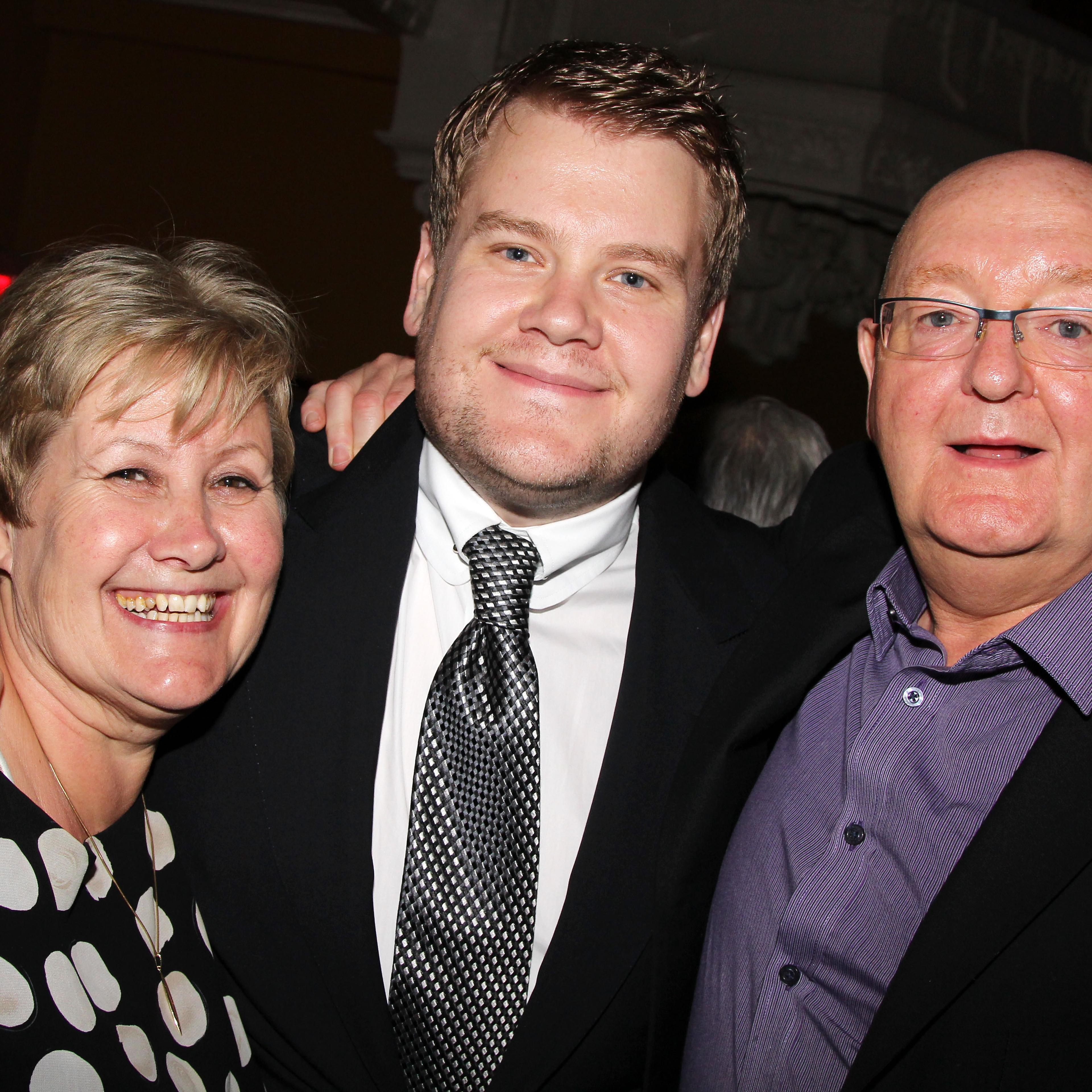 James Corden poses with his mother Margaret Corden and father Malcolm Corden as they attend the after party for the "One Man, Two Guvnors" Broadway Opening Night at The Liberty Theatre on April 18, 2012 in New York City.