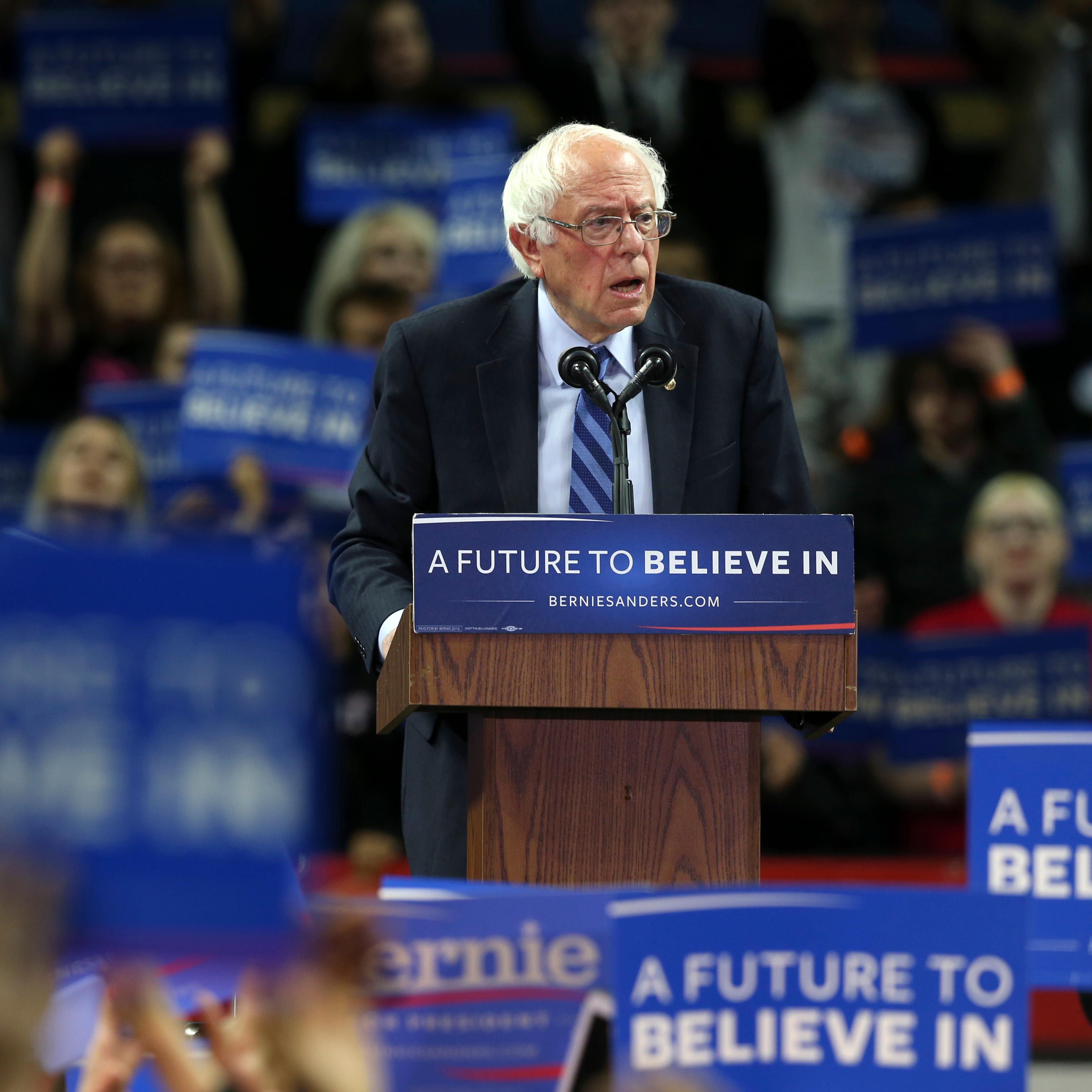 Bernie Sanders speaks at a campaign rally in Piscataway, N.J on May 8, 2016.