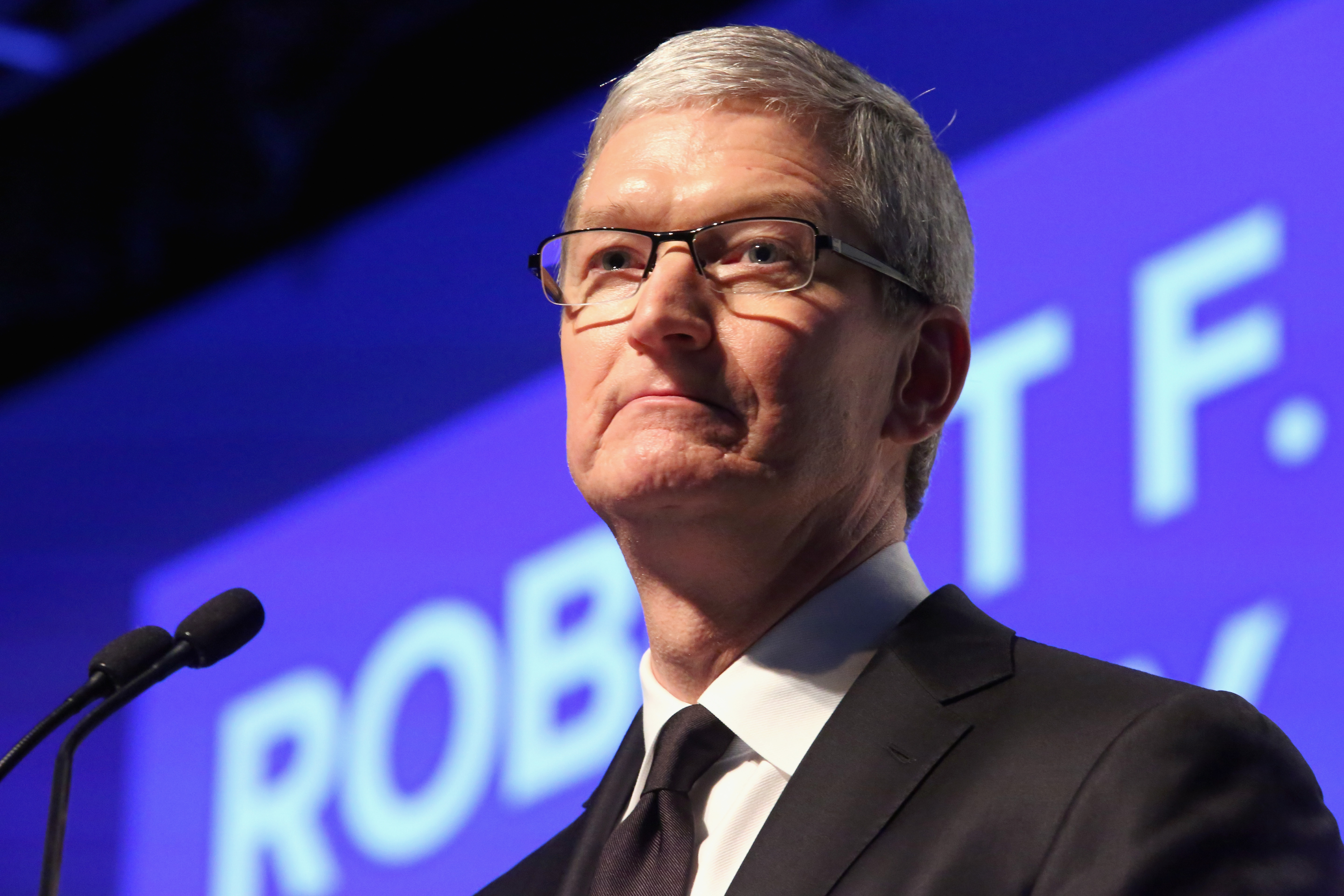 Apple CEO Tim Cook speaks onstage as Robert F. Kennedy Human Rights hosts The 2015 Ripple Of Hope Awards honoring Congressman John Lewis at New York Hilton in New York City on Dec. 8, 2015.