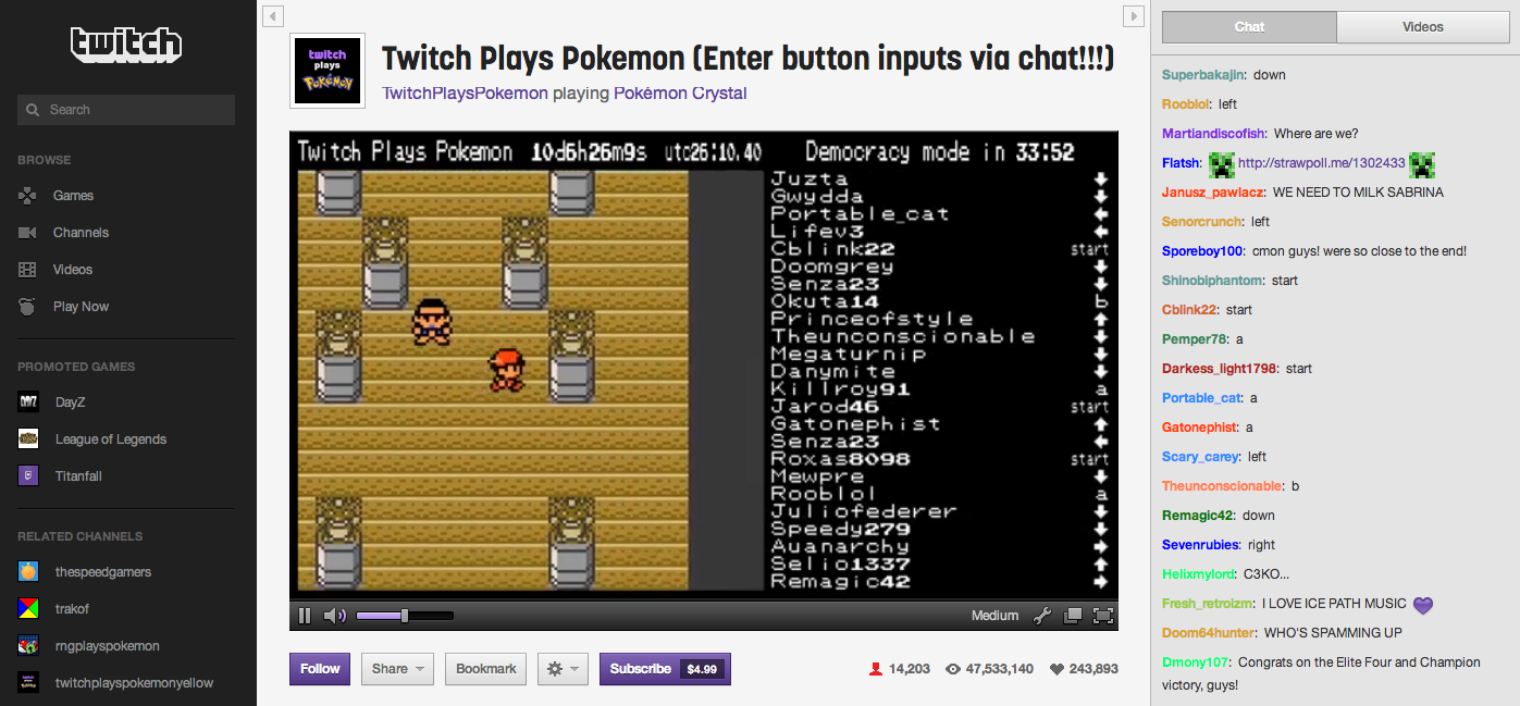 Twitch Plays Pokémon gameplay beside the audience command chat