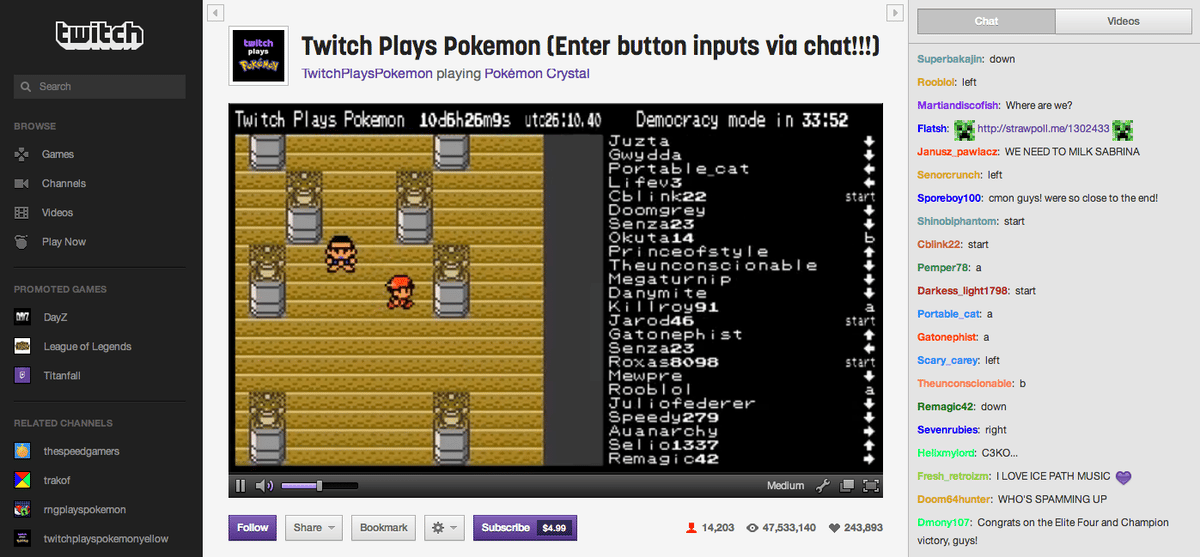 Twitch Plays Pokémon gameplay beside the audience command chat
