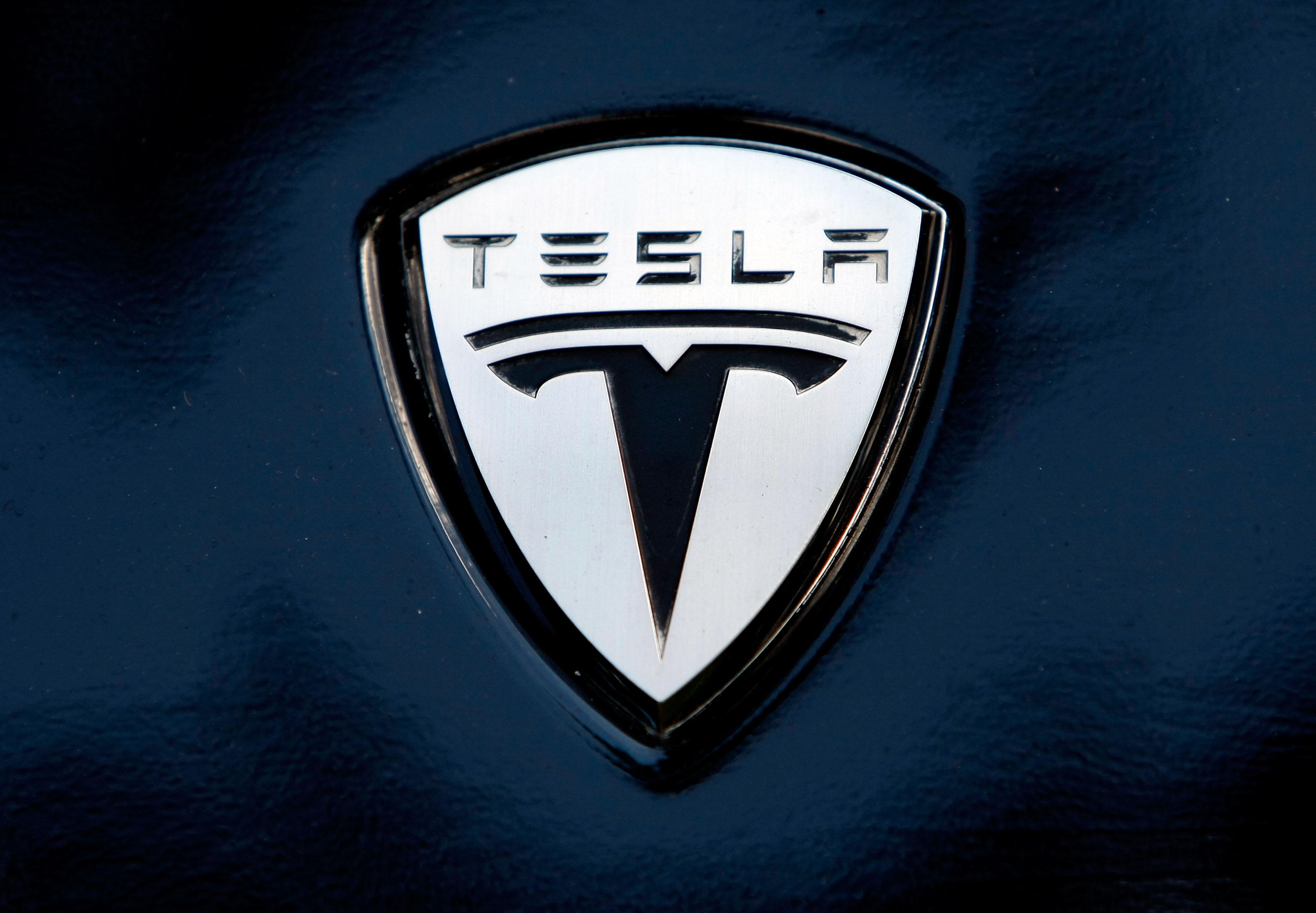 The Tesla electric car logo is shown during a display of alternative energy vehicles on Capitol Hill June 12, 2008 in Washington, DC.