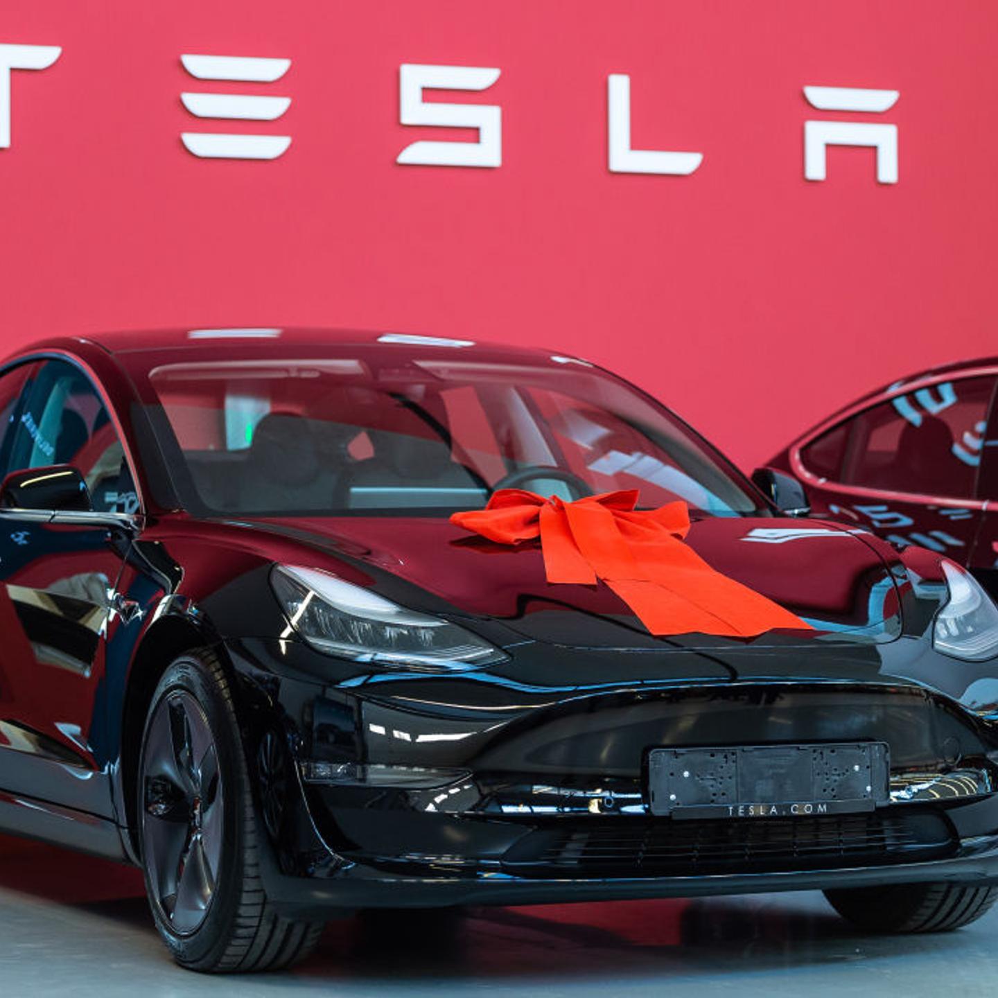 A Tesla Model 3 located in a Tesla Service Center in Frankfurt