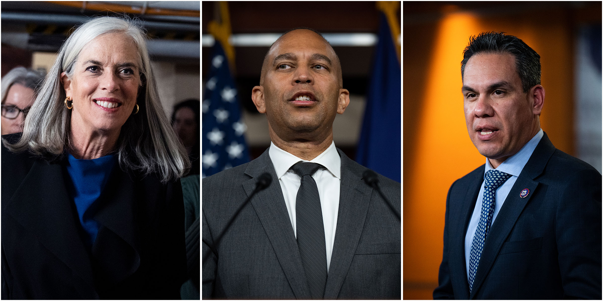 triptych of Representatives Katherine Clark of Massachusetts, Hakeem Jeffries of New York, and Pete Aguilar of California