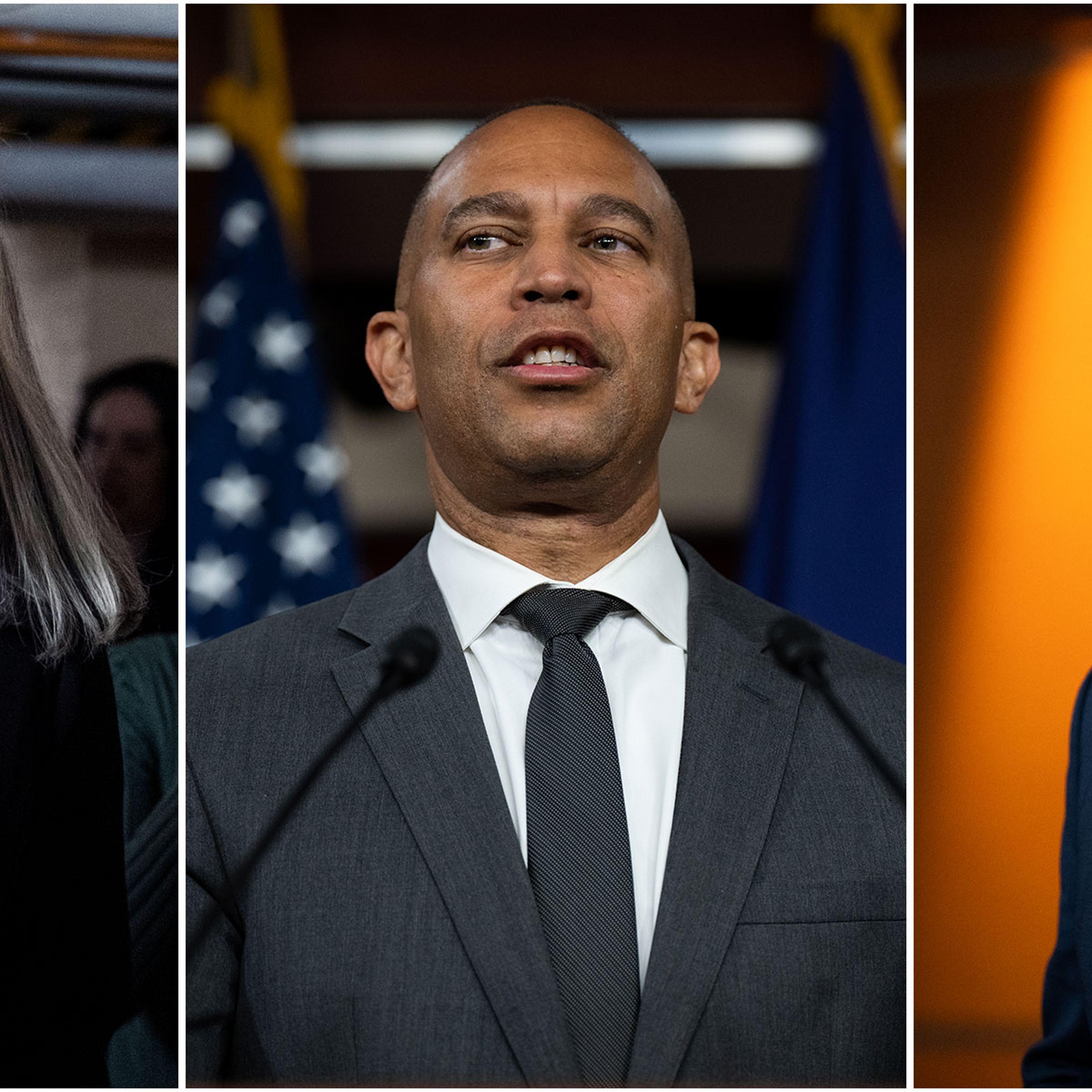 triptych of Representatives Katherine Clark of Massachusetts, Hakeem Jeffries of New York, and Pete Aguilar of California