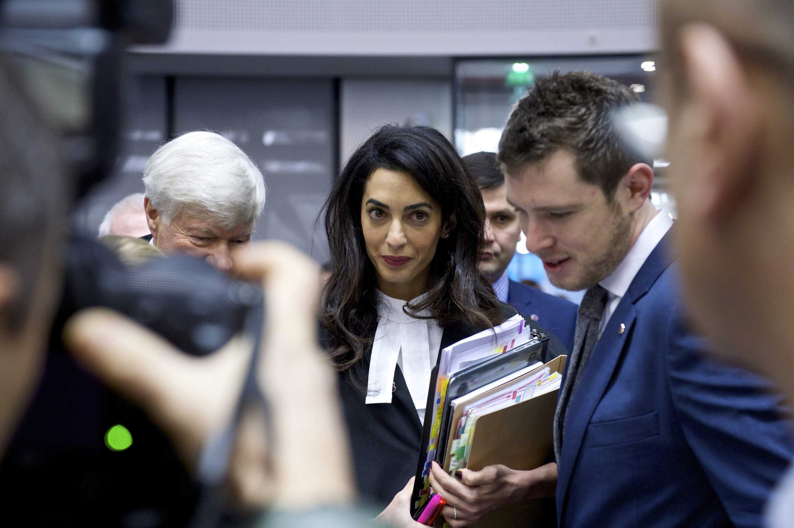 Lawyer Amal Alamuddin Clooney attends the hearing in the case Perincek vs Switzerland, at the European Court of Human Rights in Strasbourg, France, Jan. 28,2015.