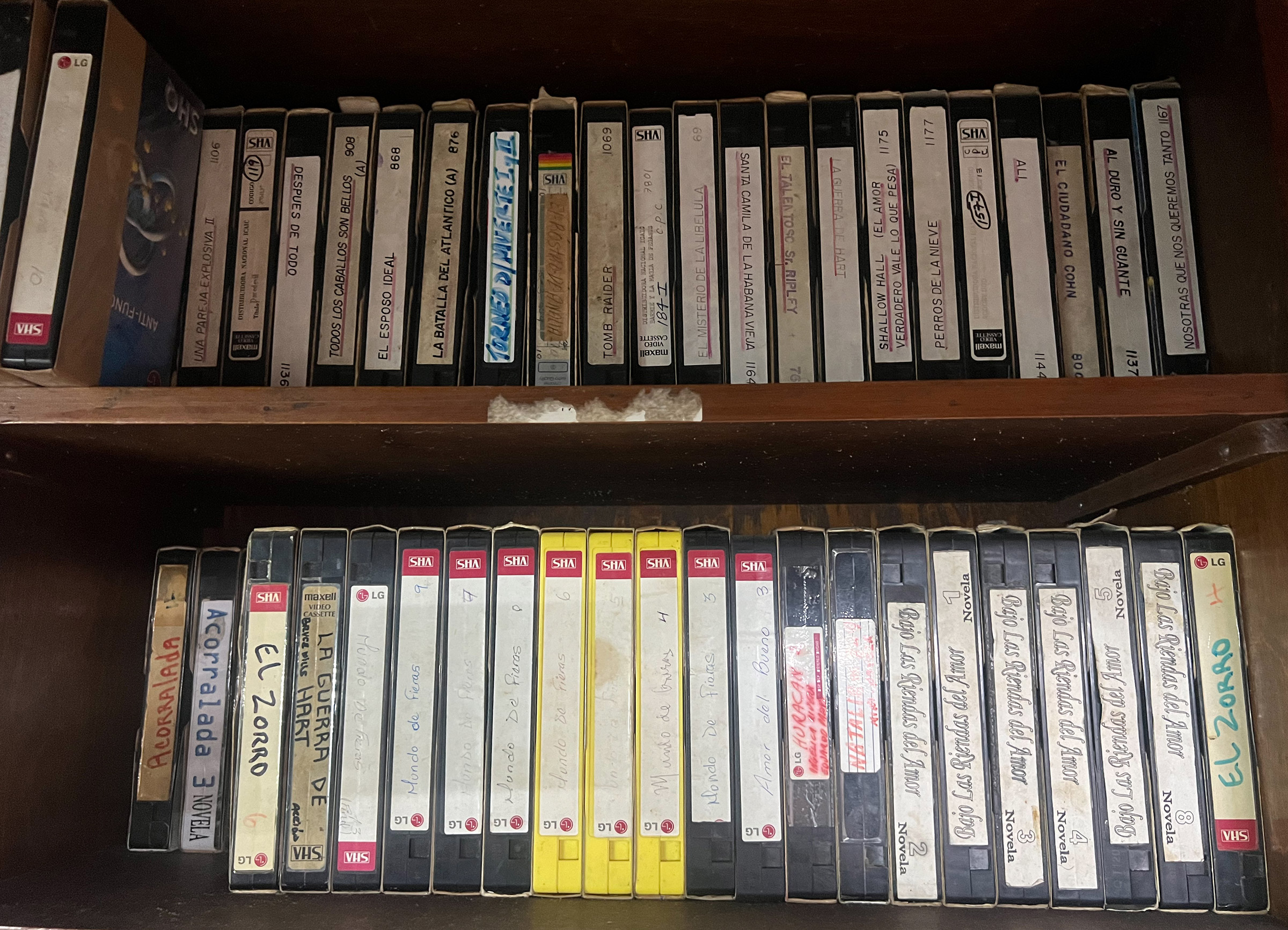 Decommissioned VHS videocassettes obtained through police raids at clandestine video libraries, held at Havana's Centro provincial de cine (provincial center for cinema)