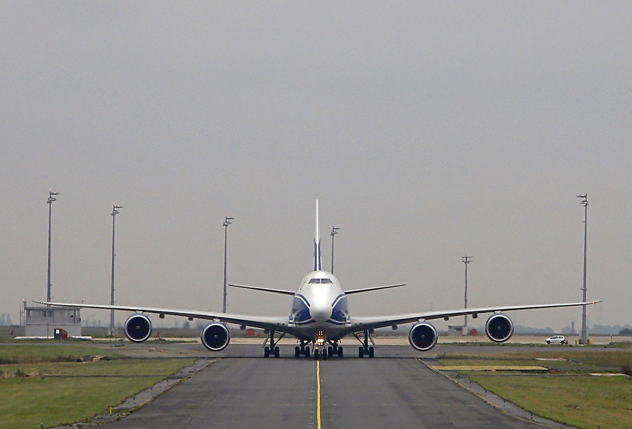 A Boeing 747-8 Freighter cargo airplane from Russian company Air Bridge Cargo uses taxiways after landing at Paris Roissy Charles de Gaulle airport in Roissy-en-France, north of Paris on October 10, 2012.