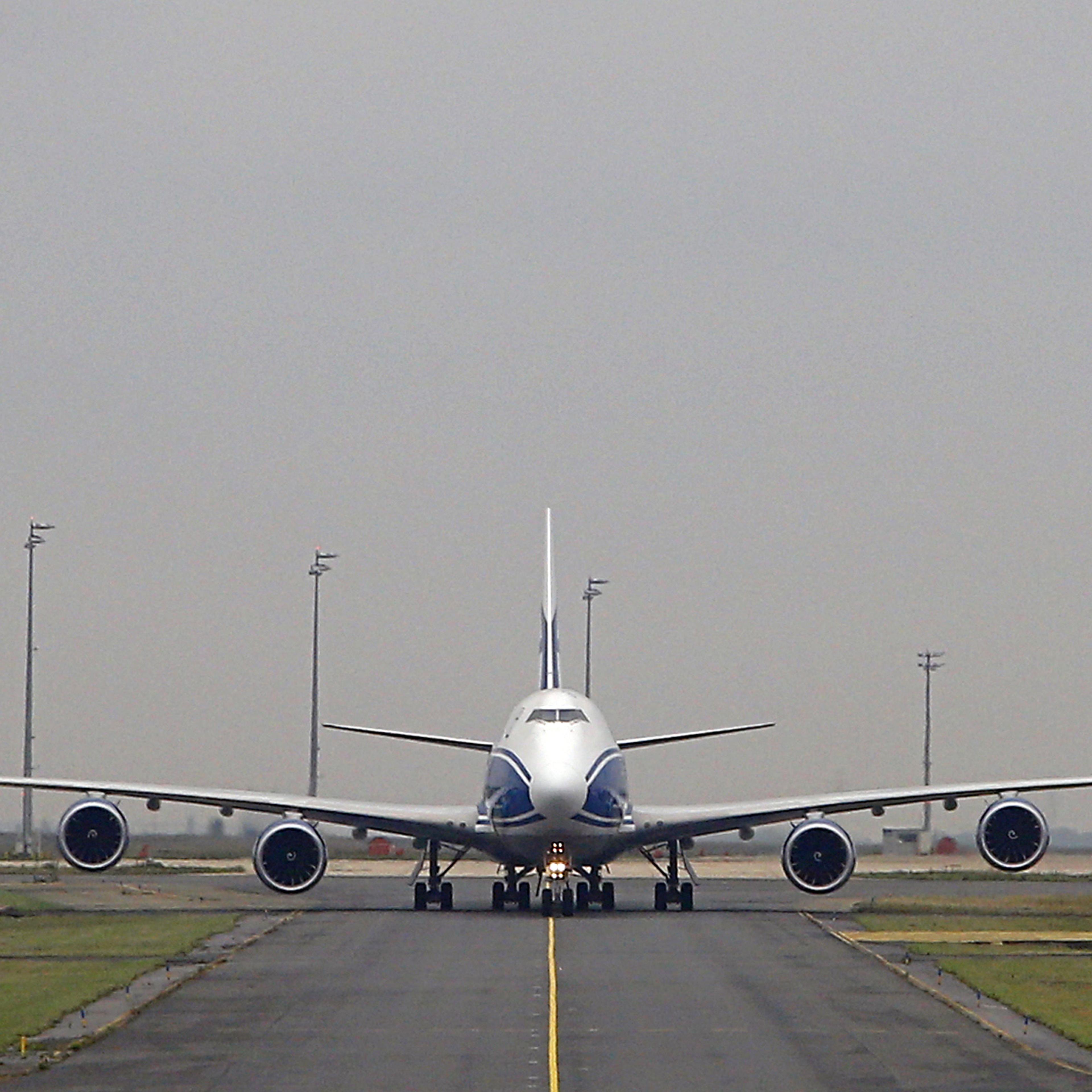 A Boeing 747-8 Freighter cargo airplane from Russian company Air Bridge Cargo uses taxiways after landing at Paris Roissy Charles de Gaulle airport in Roissy-en-France, north of Paris on October 10, 2012.