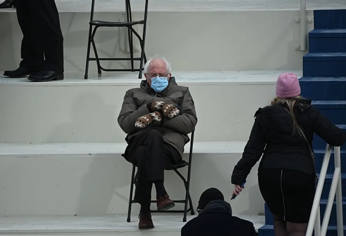 Senator Bernie Sanders sits in the bleachers on Capitol Hill before Joe Biden is sworn in as the 46th U.S. President at the U.S. Capitol in Washington, D.C., on January 20, 2021.