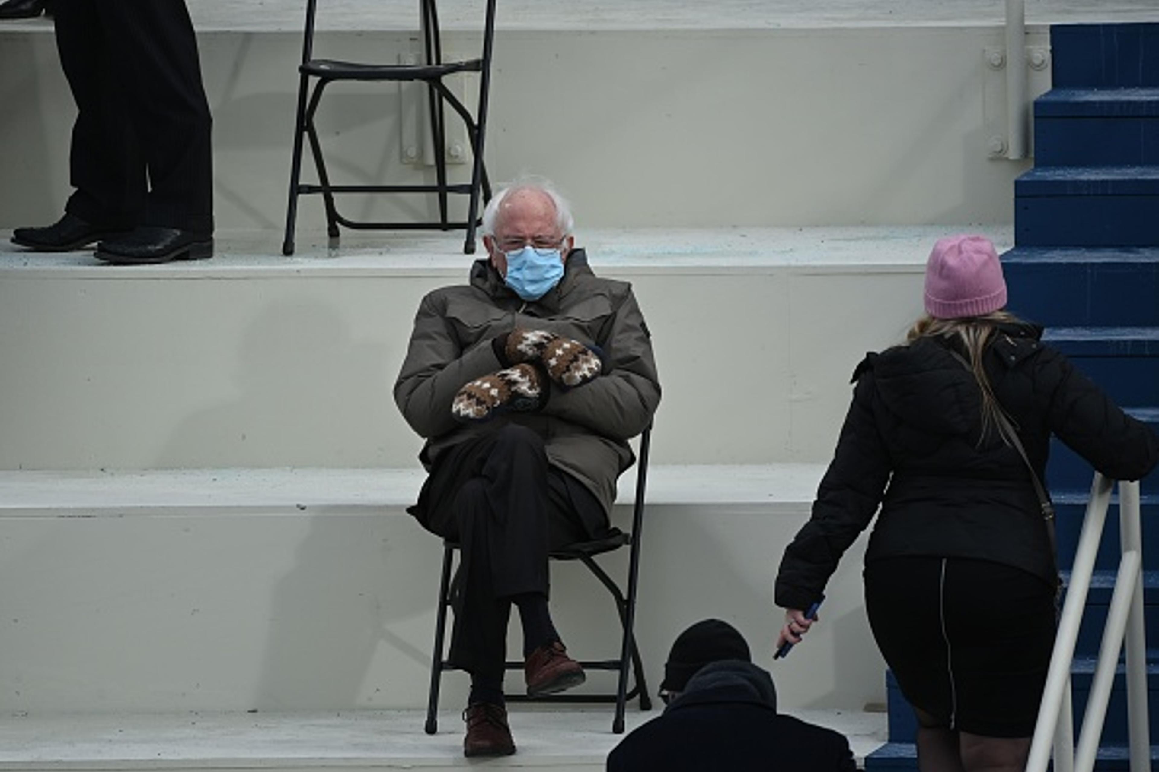 Senator Bernie Sanders sits in the bleachers on Capitol Hill before Joe Biden is sworn in as the 46th U.S. President at the U.S. Capitol in Washington, D.C., on January 20, 2021.