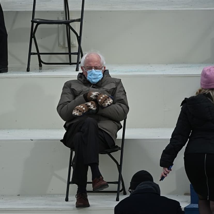 Senator Bernie Sanders sits in the bleachers on Capitol Hill before Joe Biden is sworn in as the 46th U.S. President at the U.S. Capitol in Washington, D.C., on January 20, 2021.