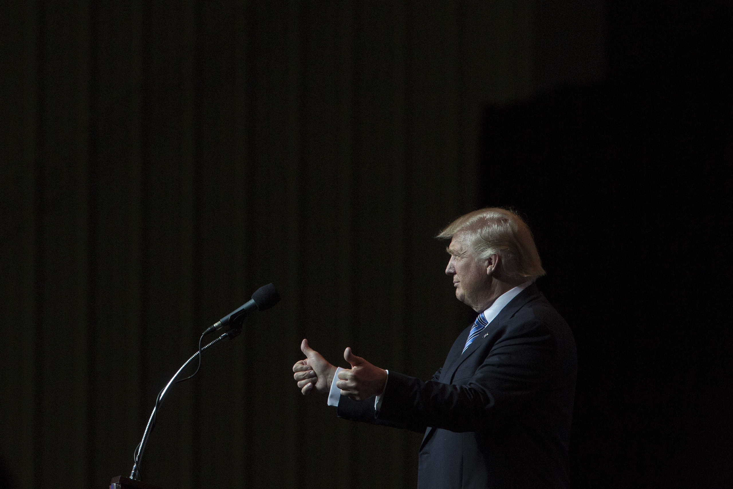 Donald Trump speaks at the Grand Park Events Center in Westfield, Indiana, on July 12, 201