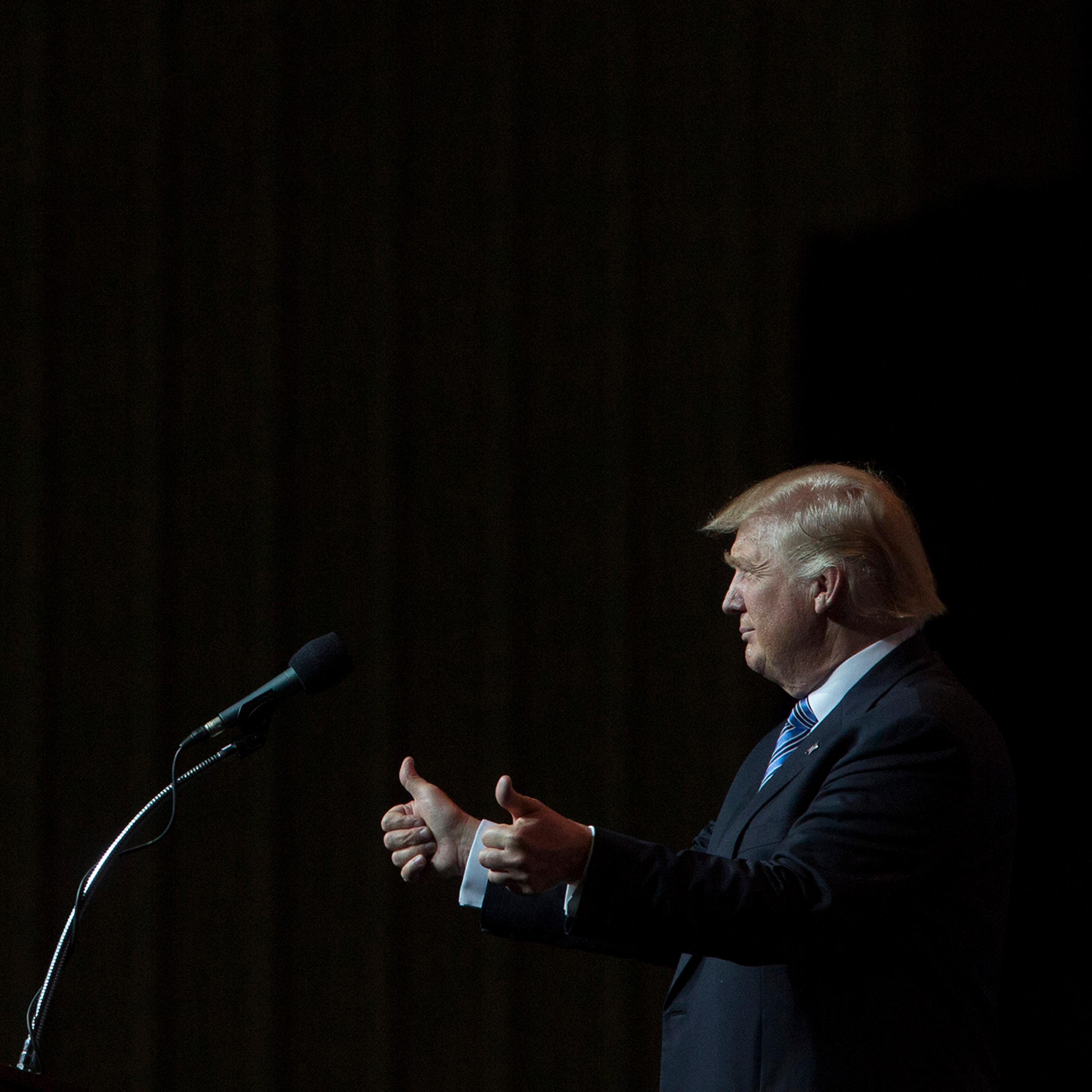 Donald Trump speaks at the Grand Park Events Center in Westfield, Indiana, on July 12, 201