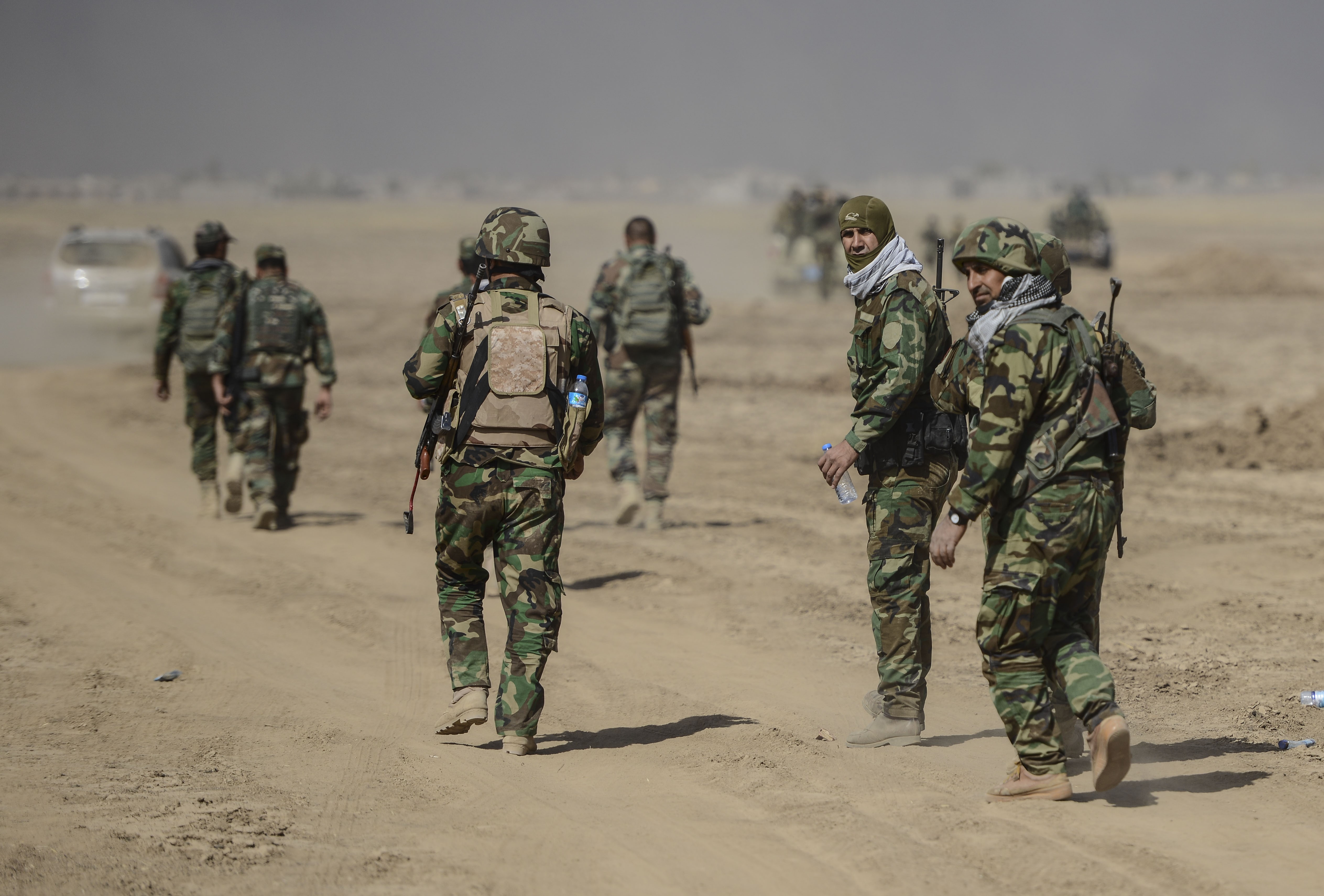 Peshmerga forces are seen at the Tarjala village as they attack on Deash targets during an operation to liberate Mosul from Daesh terrorist organization on October 17, 2016.
