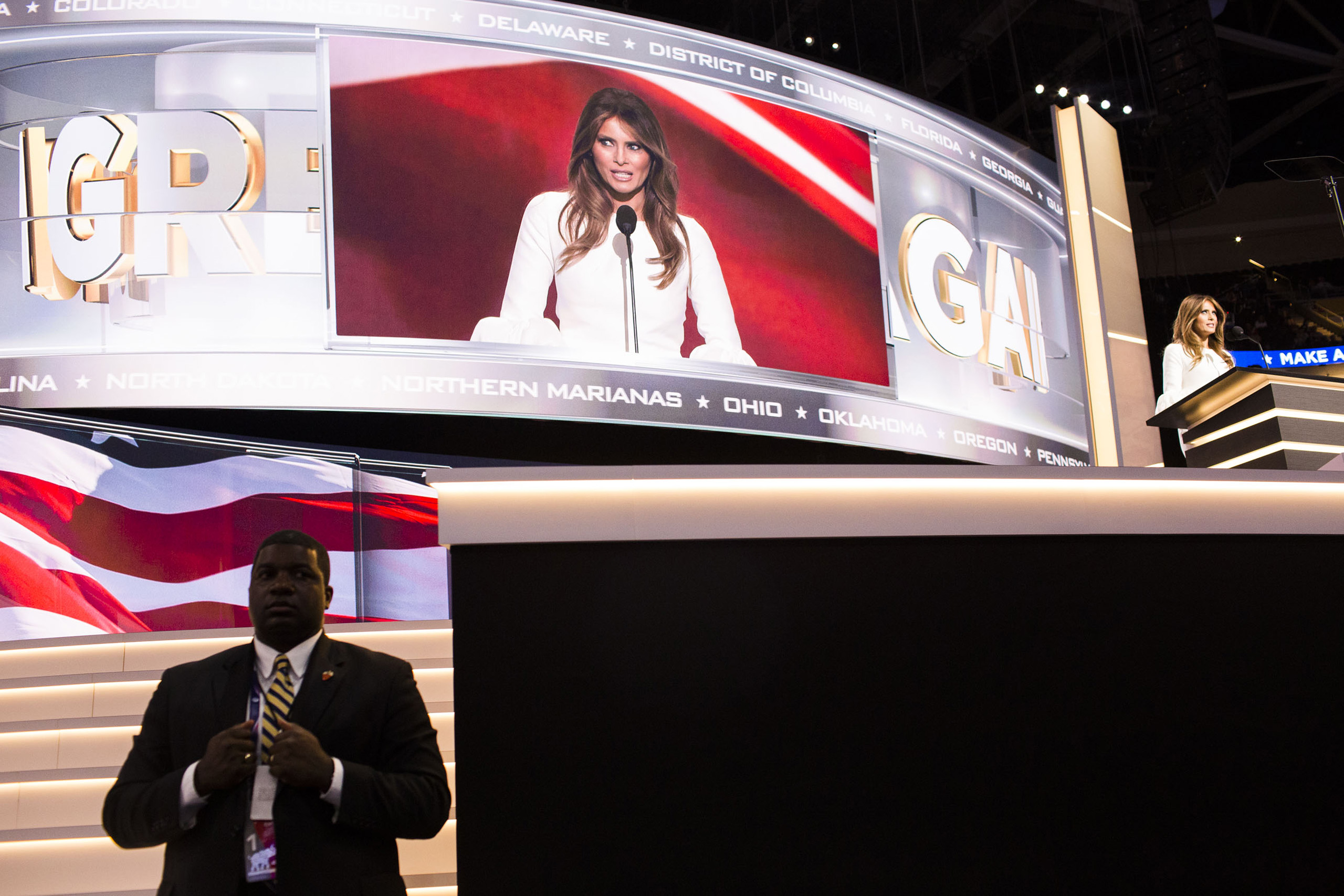 CLEVELAND - JULY 18: Melania Trump speaks to the crowd. Scenes from the floor of the 2016 Republican National Convention on Monday, July 18, 2016, in Cleveland, Ohio. (Photo by Landon Nordeman)
