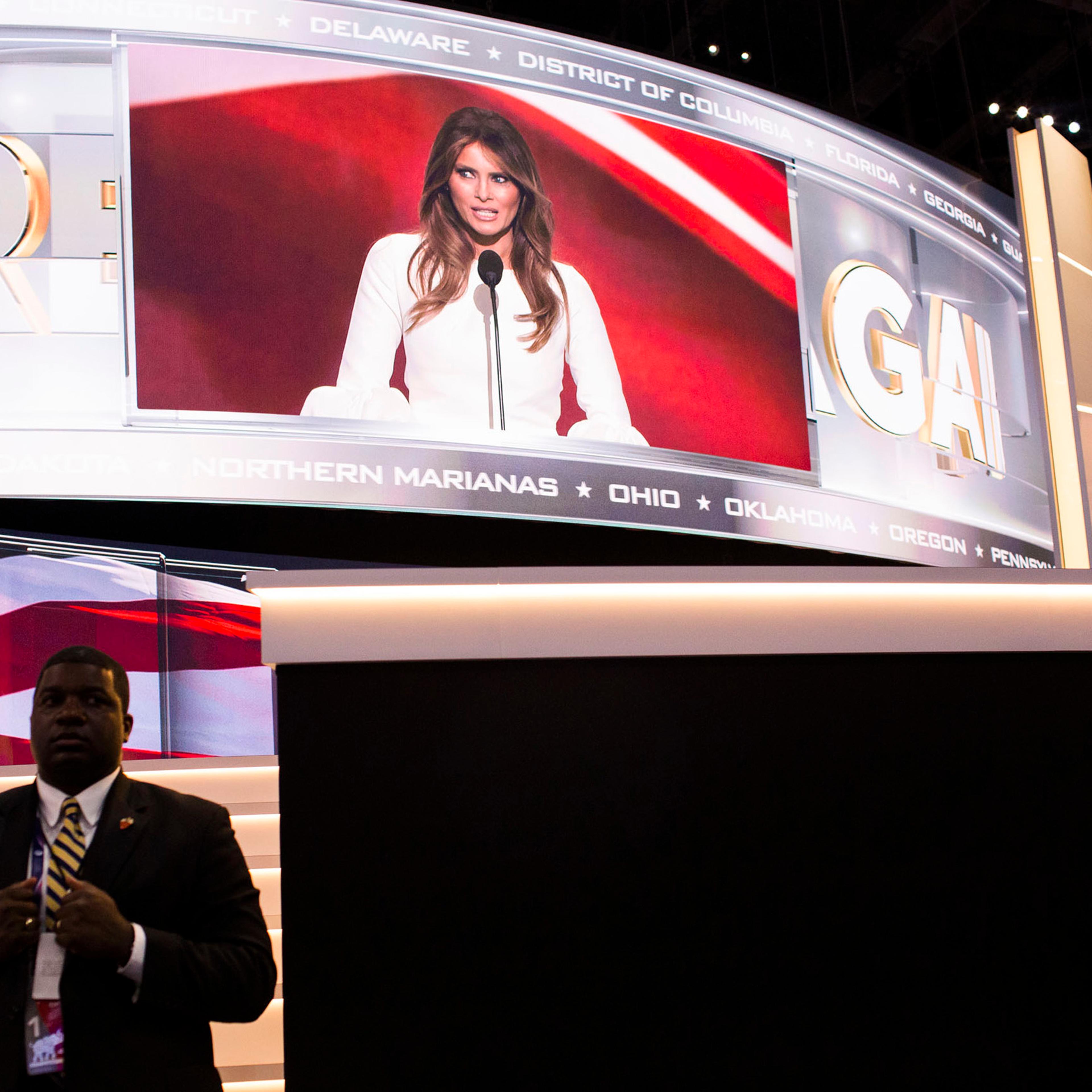 CLEVELAND - JULY 18: Melania Trump speaks to the crowd. Scenes from the floor of the 2016 Republican National Convention on Monday, July 18, 2016, in Cleveland, Ohio. (Photo by Landon Nordeman)